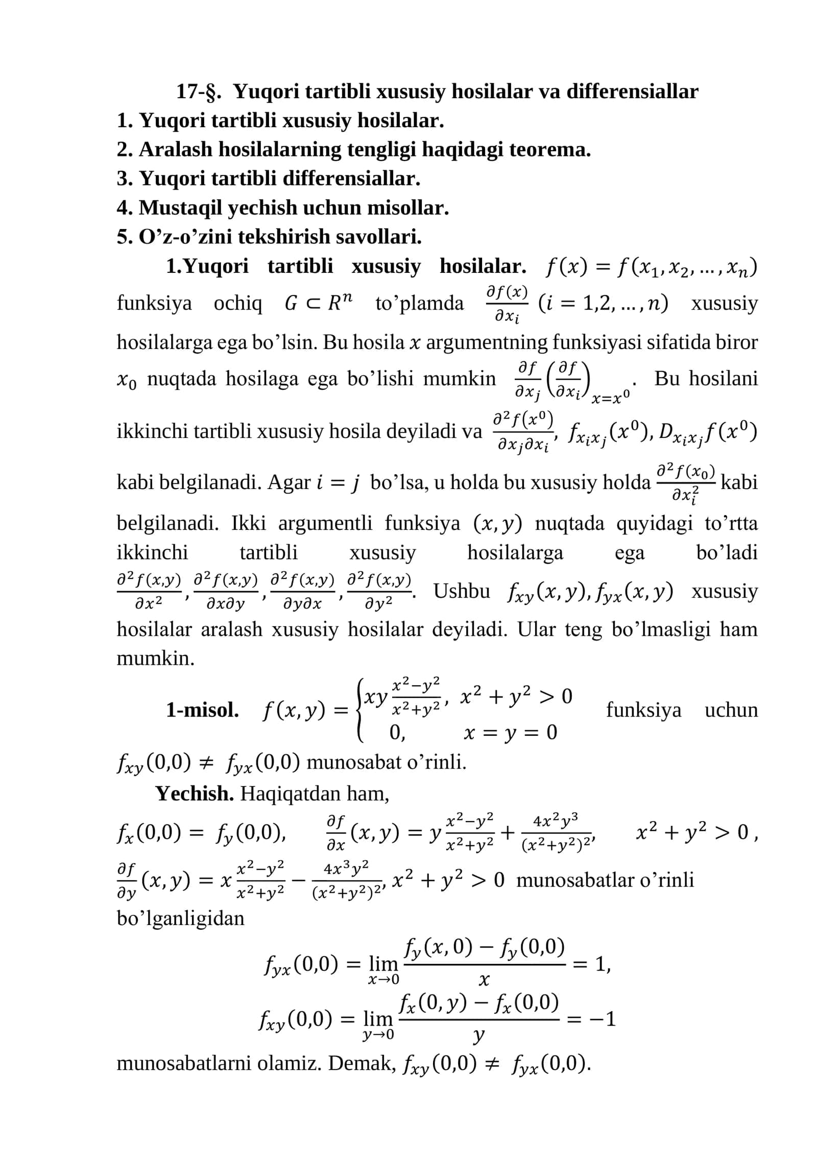 Yuqori tartibli xususiy hosilalar va differensiallar 1