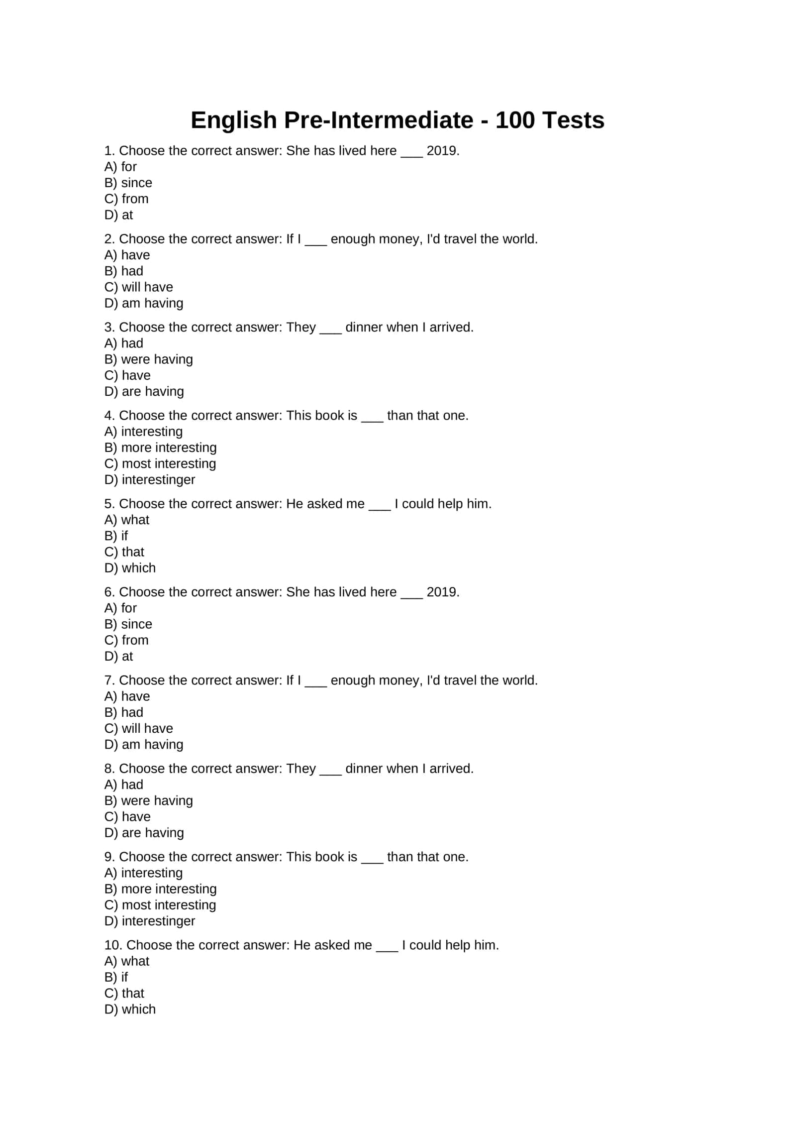 A2 va B1 Pre-Intermediate - 100 Testlar 1
