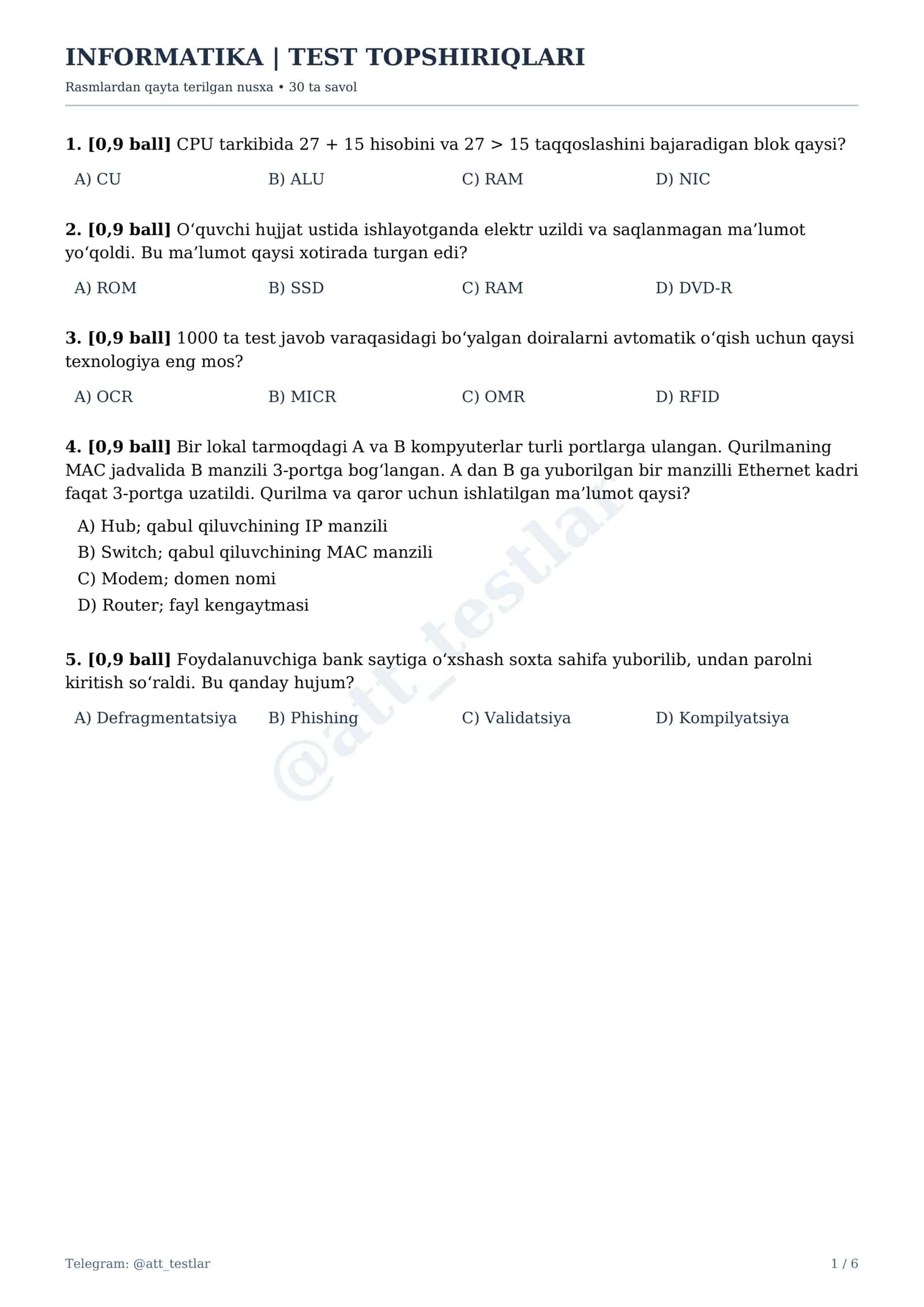 INFORMATIKA | TEST TOPSHIRIQLARI 1