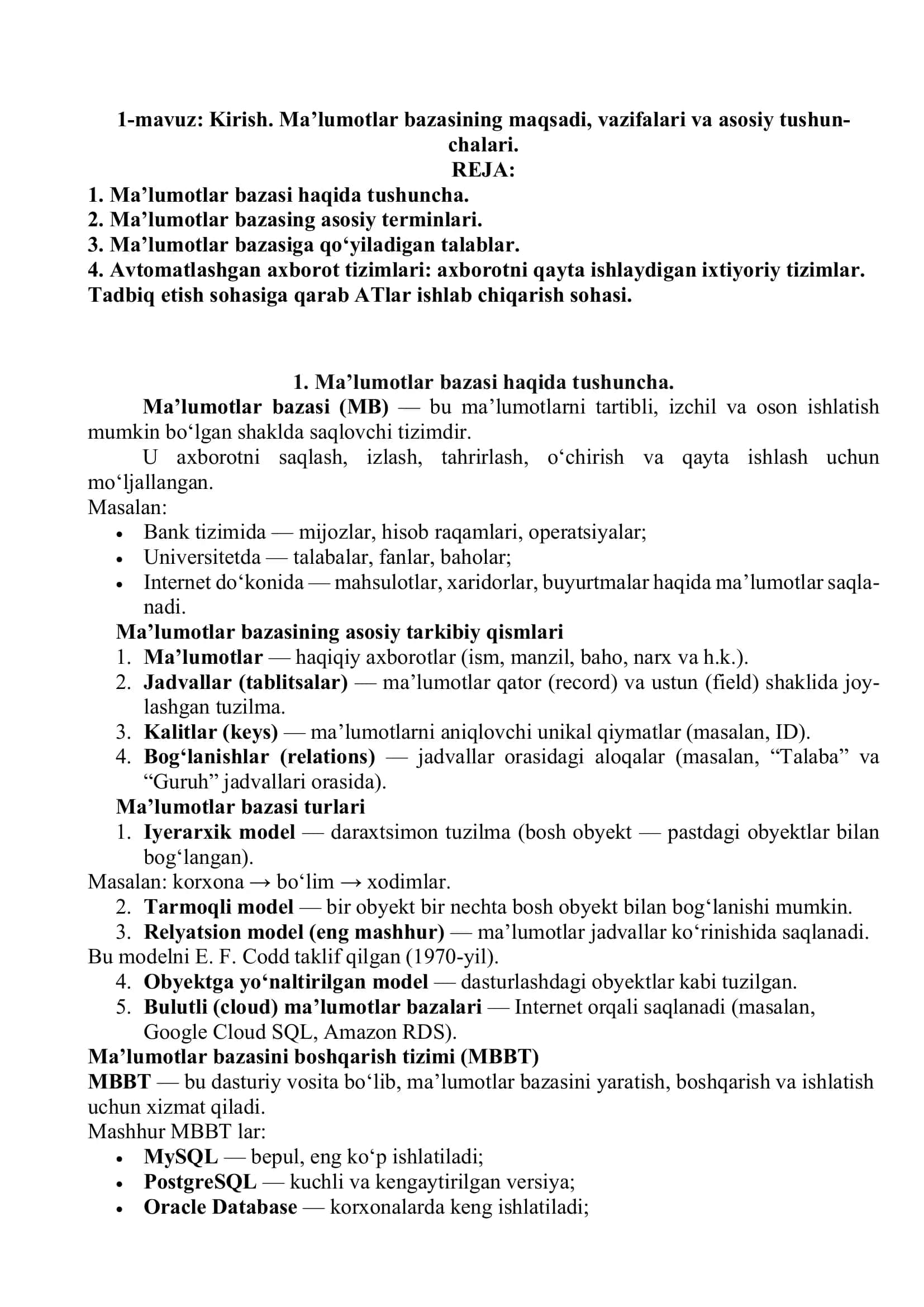 Ma’lumotlar bazasi 1