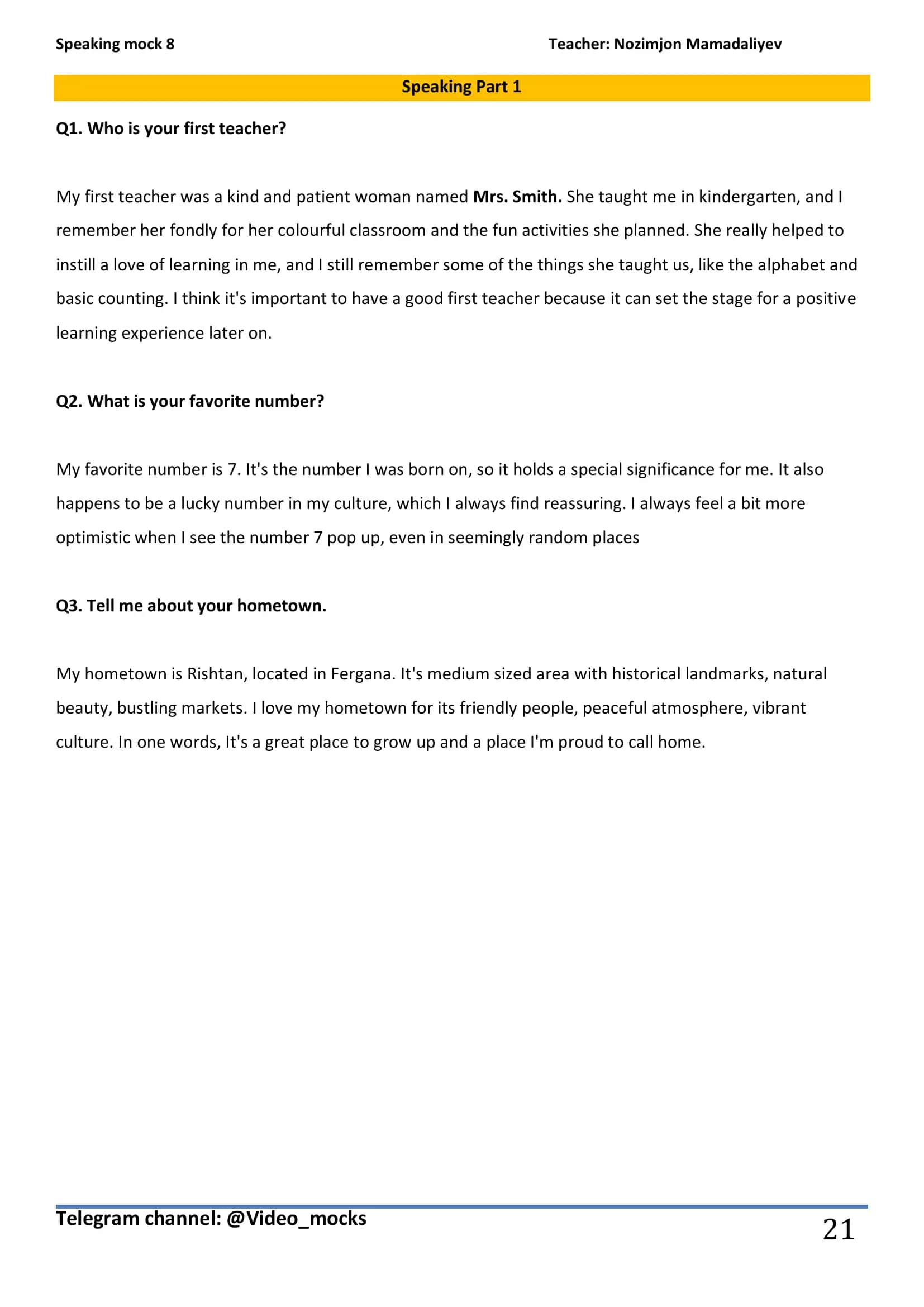 Speaking mock 8 1
