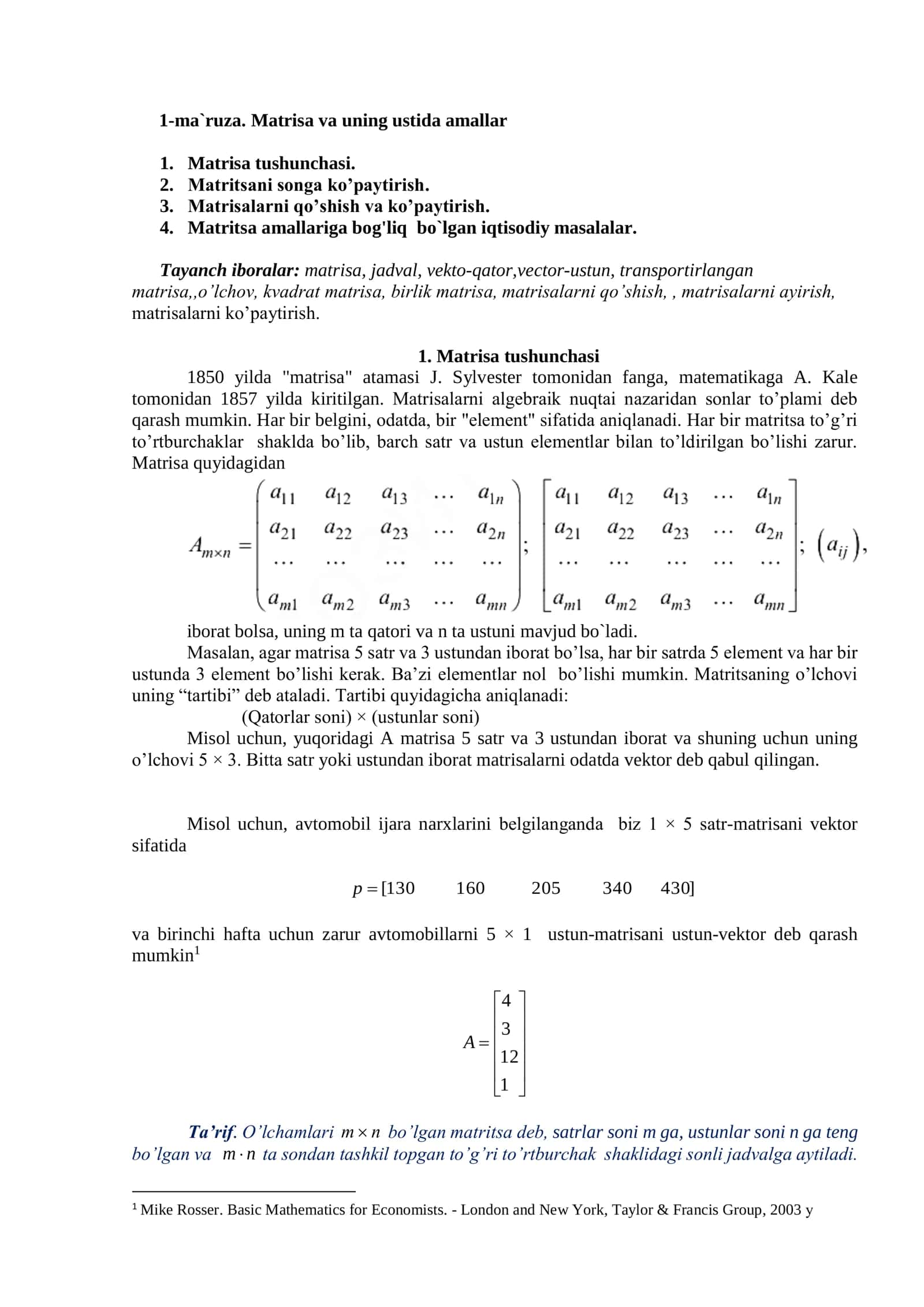 Matrisa va uning ustida amallar 1