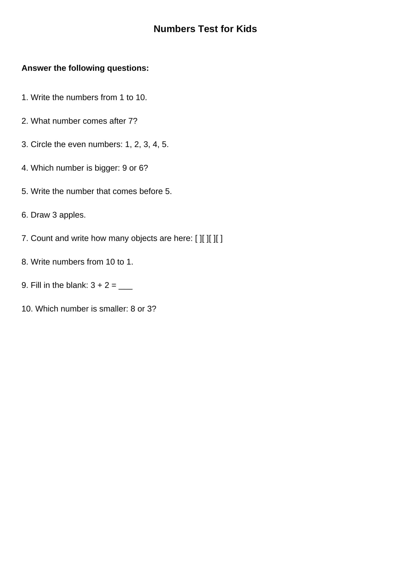 Numbers Test for Kids 1