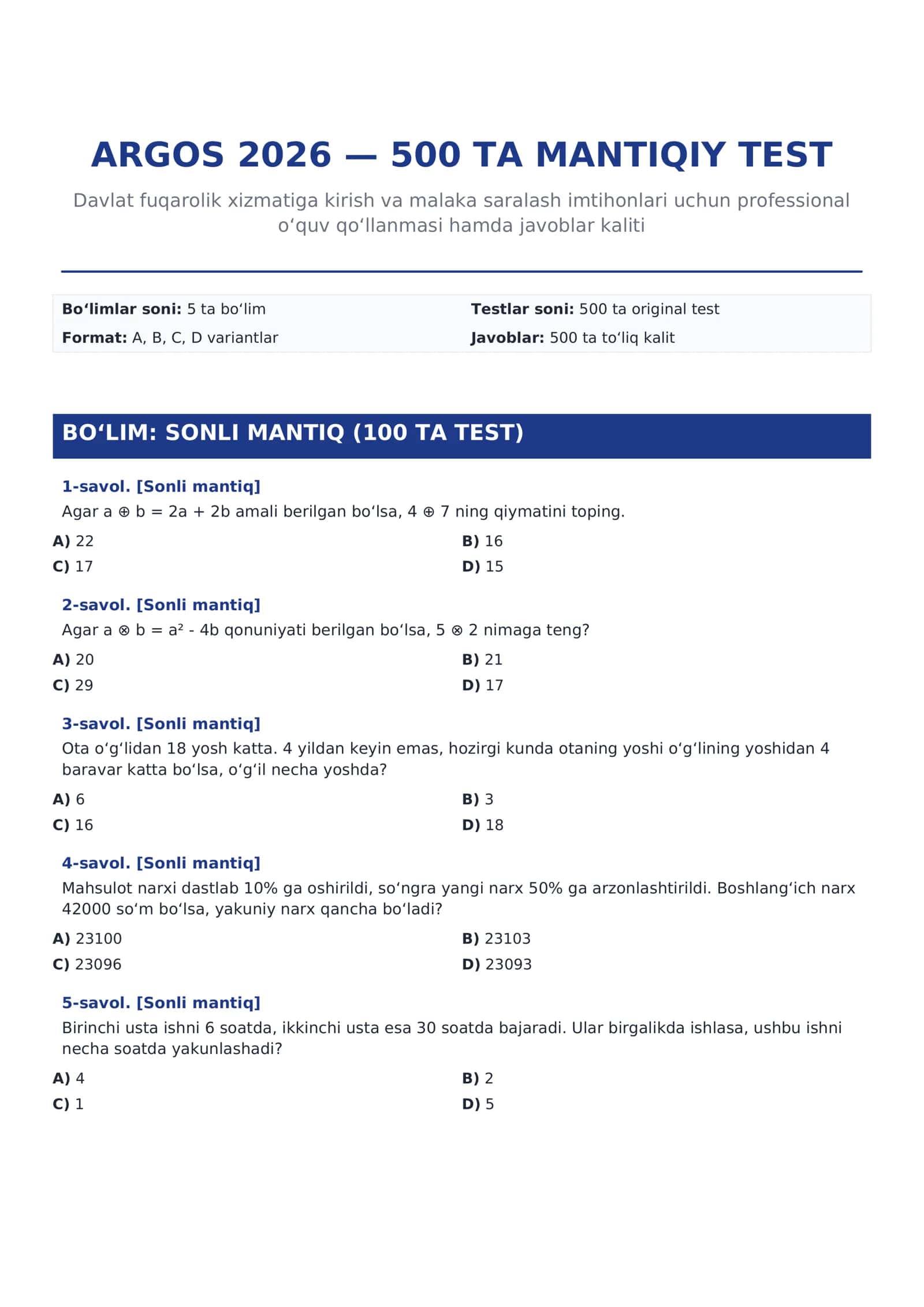 ARGOS 2026 — 500 TA MANTIQIY TEST | Javoblar bilan 1