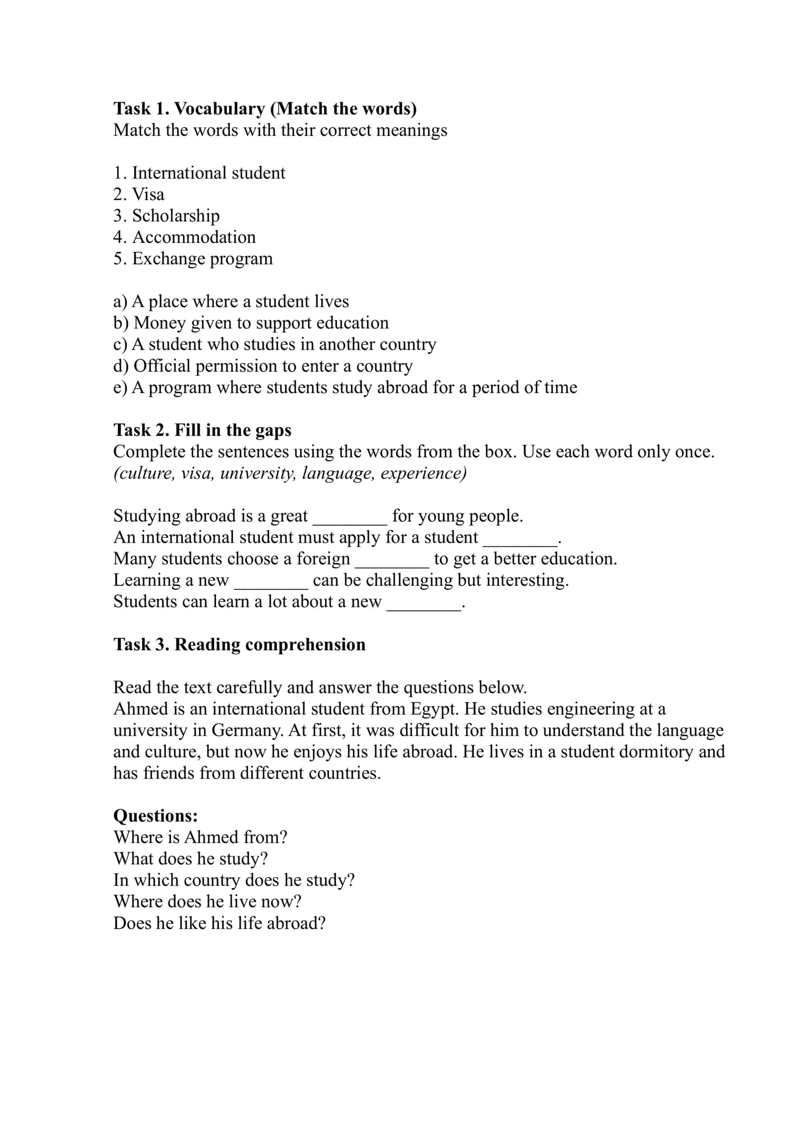 Vocabulary Matching Exercise 1