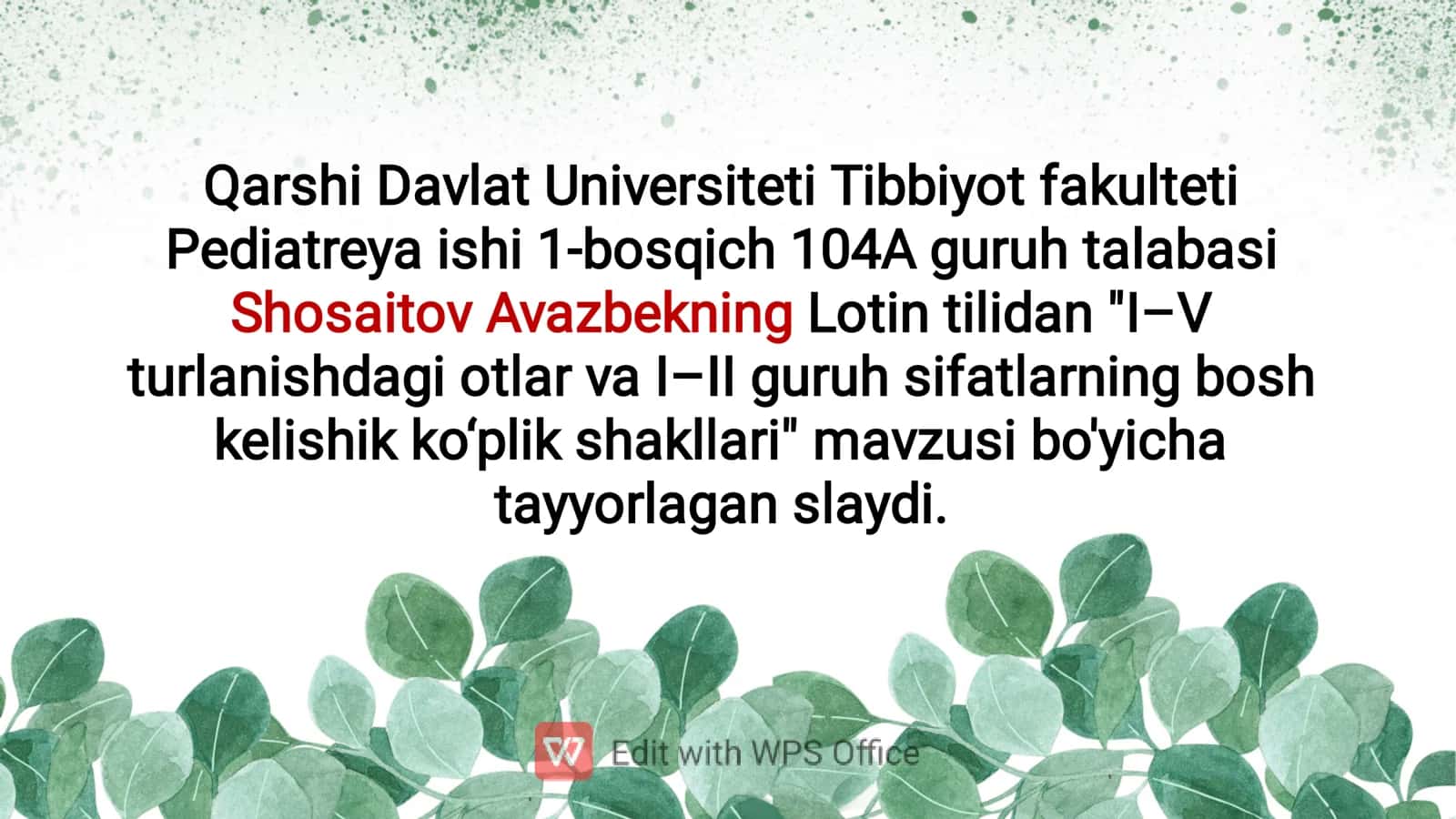 "I-V turlanishdagi otlar va I-II guruh sifatlarning bosh kelishik koʻplik shakllari" 1