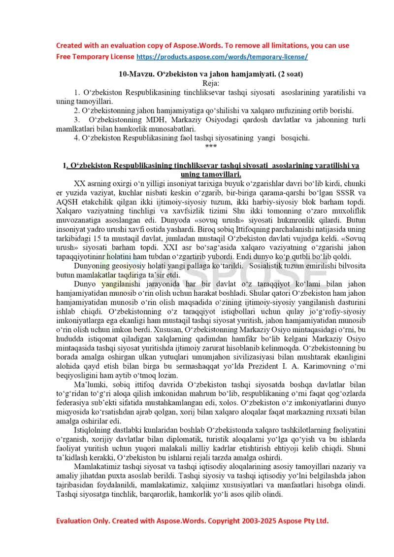 O‘zbekiston va jahon hamjamiyati 1