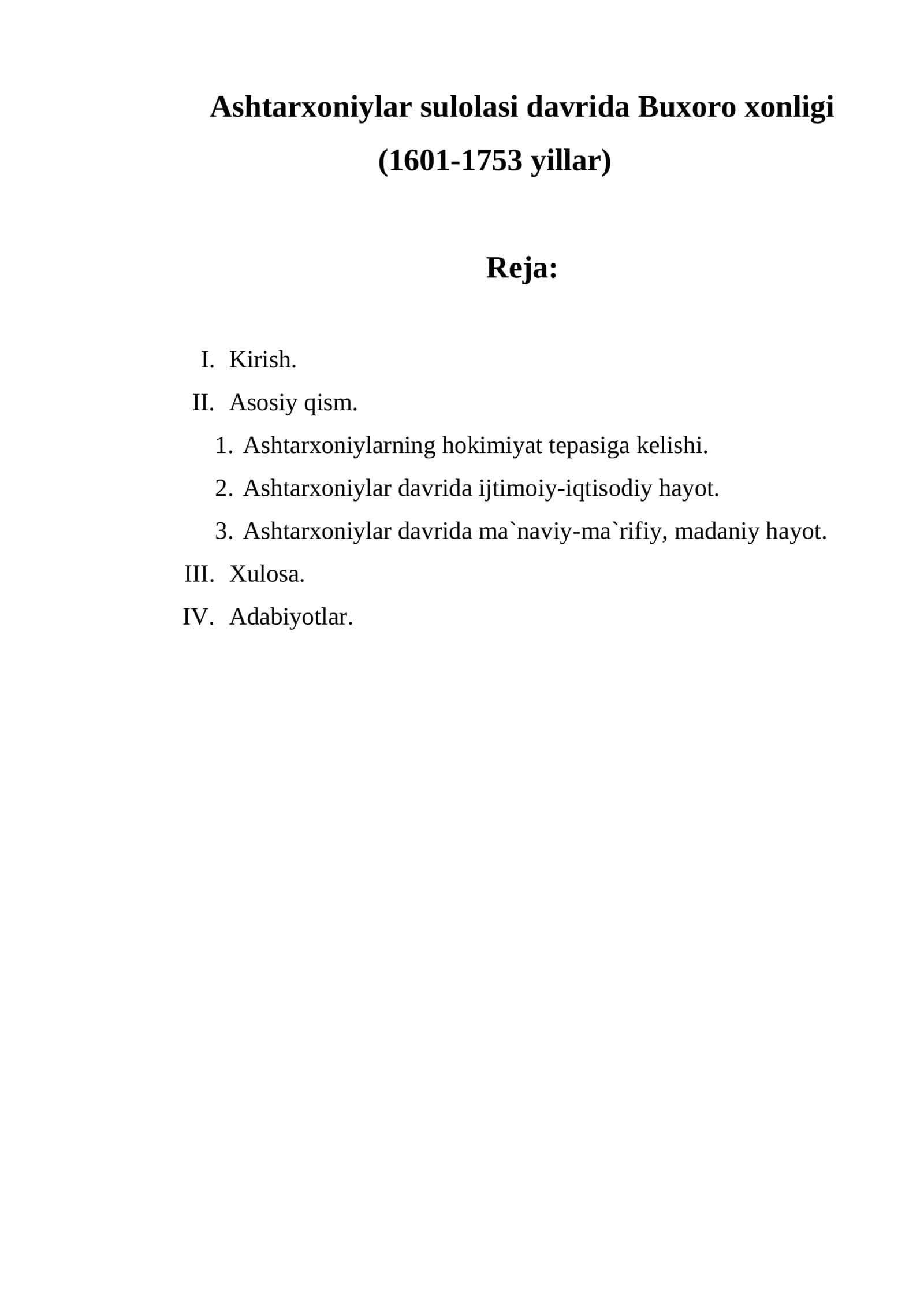 Ashtarxoniylar davrida Buxoro xonligi mavzusida Kurs ishi 1