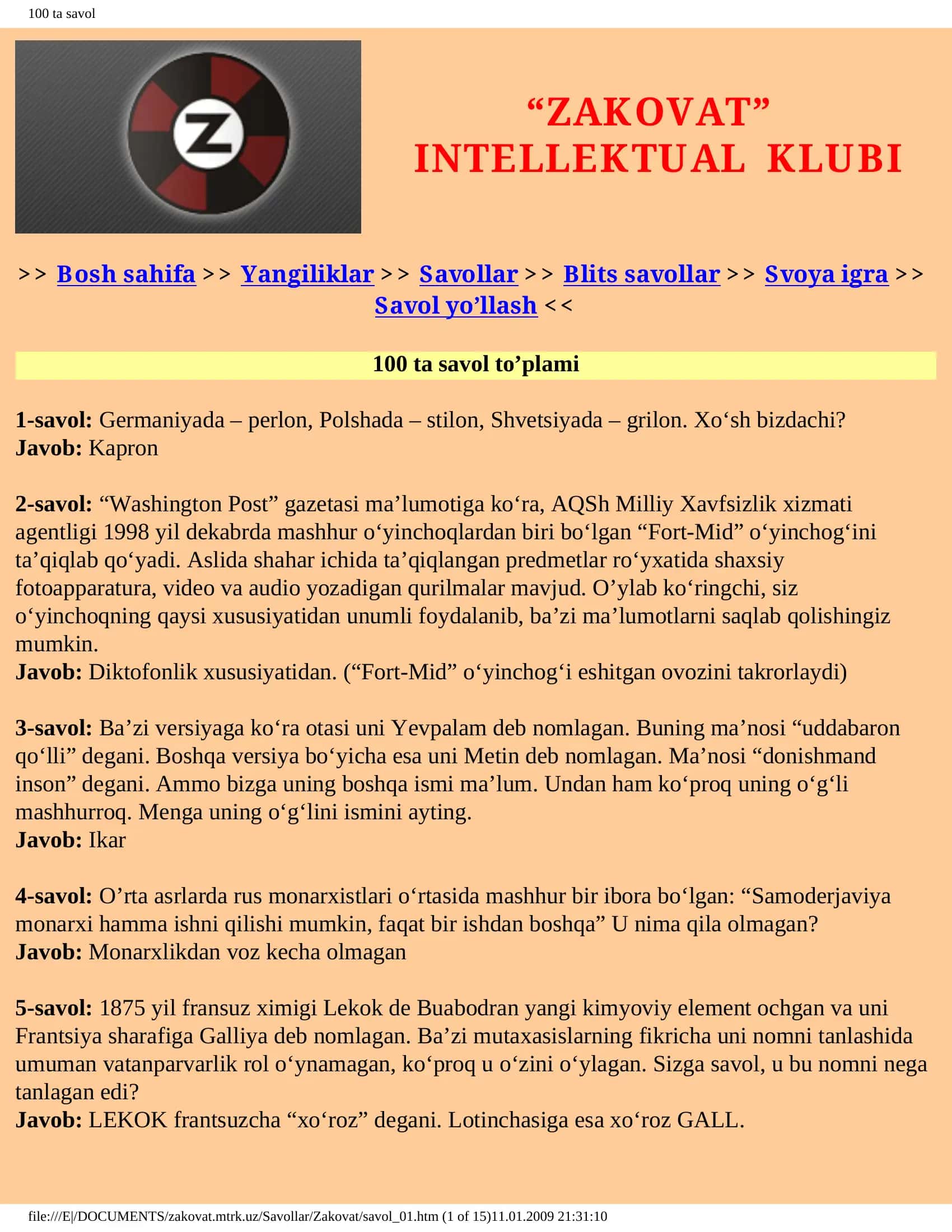100 ta savol “ZAKOVAT” INTELLEKTUAL KLUBI 1