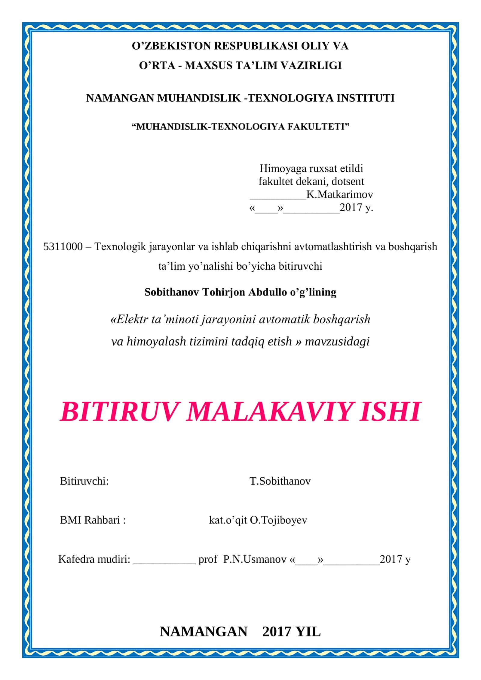 Elektr ta’minoti jarayonini avtomatik boshqarish va himoyalash tizimini tadqiq etish 1