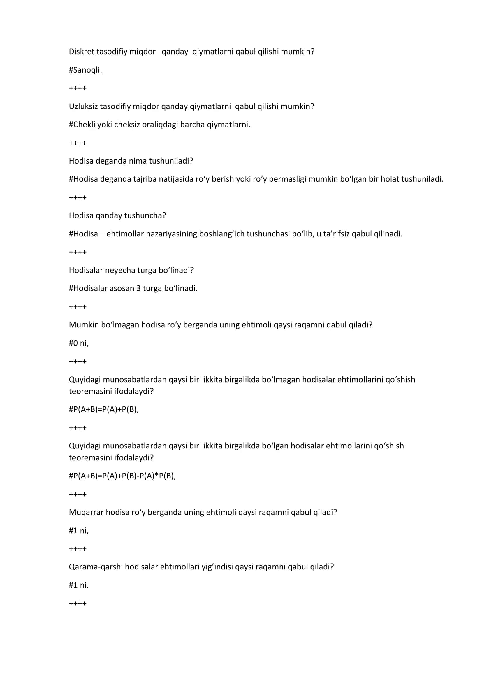 Ehtimollik nazariyasi test savollari javoblari 1
