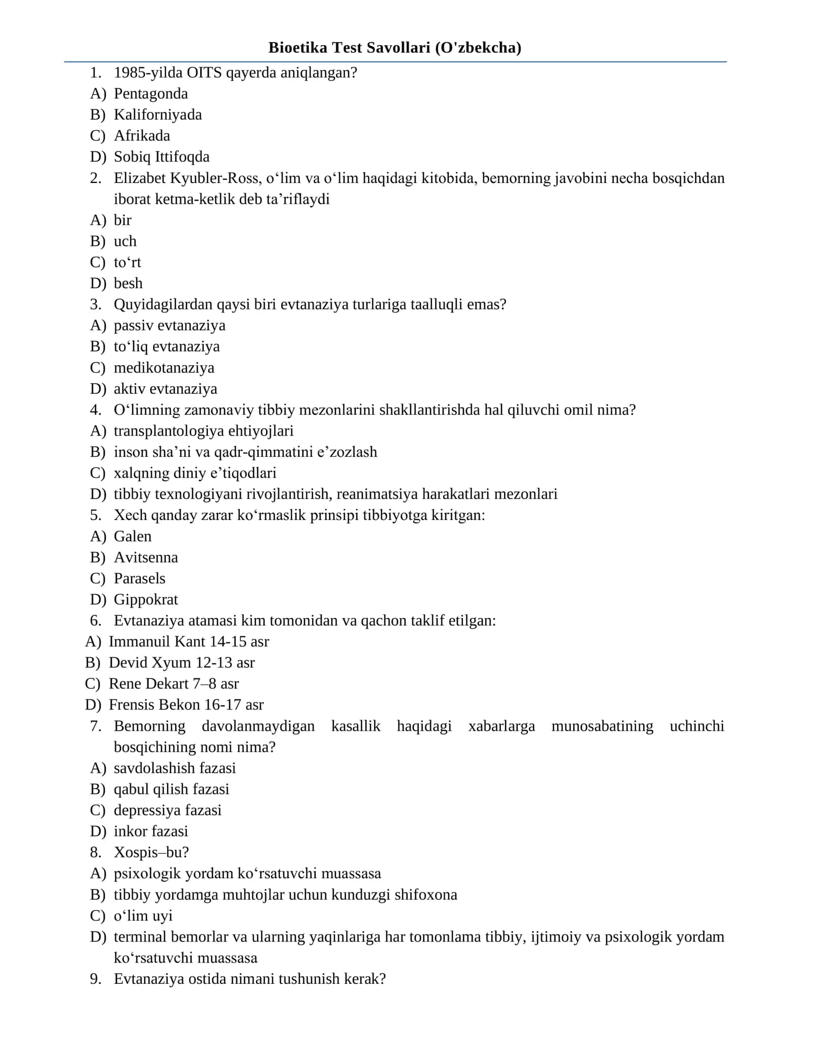 Bioetika Test Savollari 1
