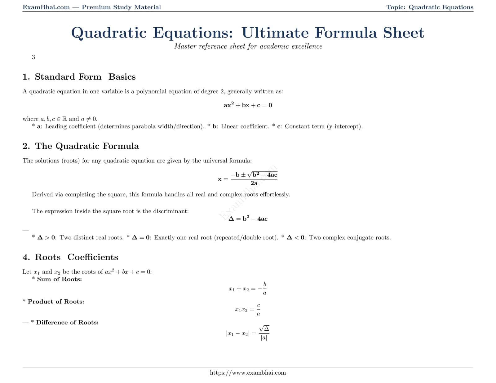 Quadratic Equations: Ultimate Formula Sheet 1