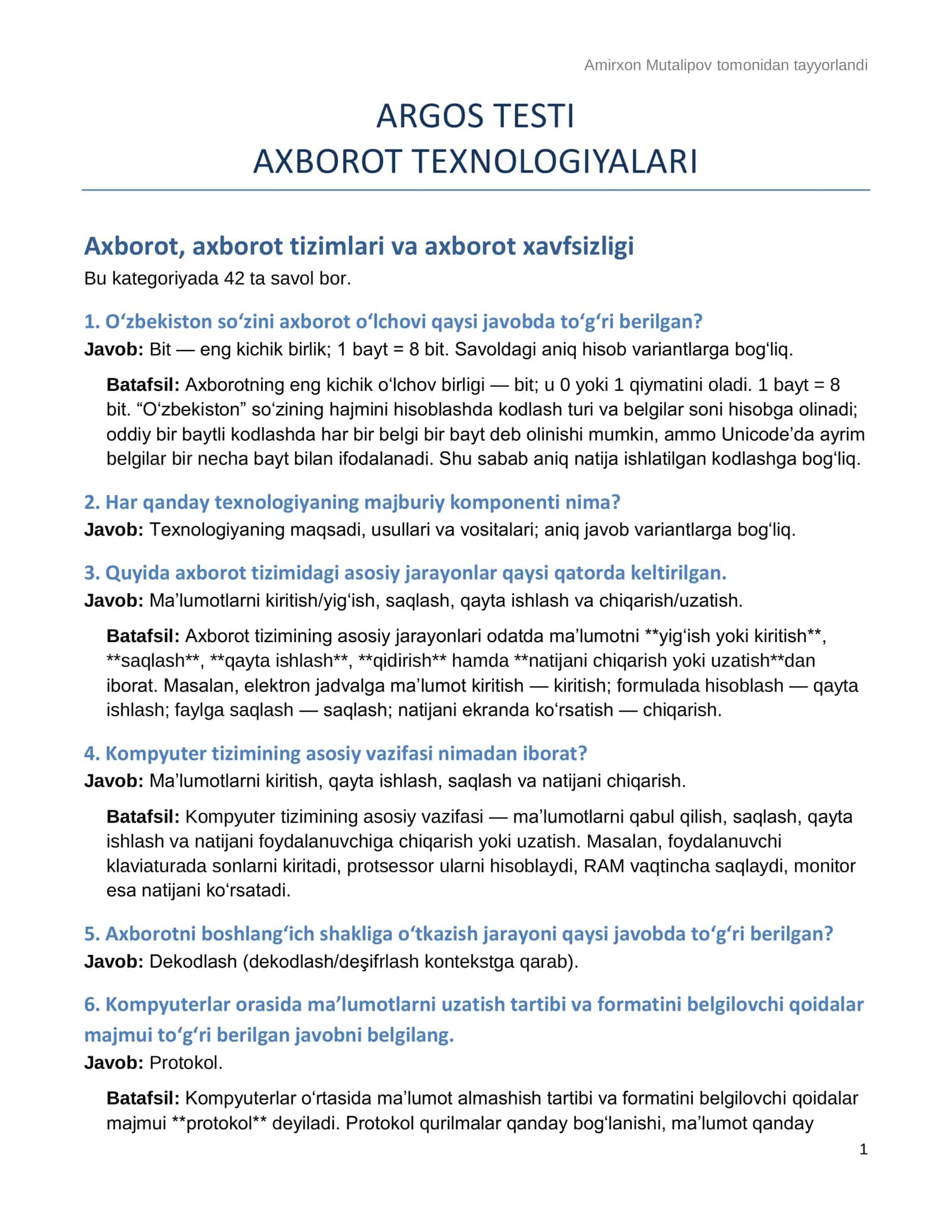ARGOS Axborot texnologiyalari — 290 ta savol-javob | 2027 1