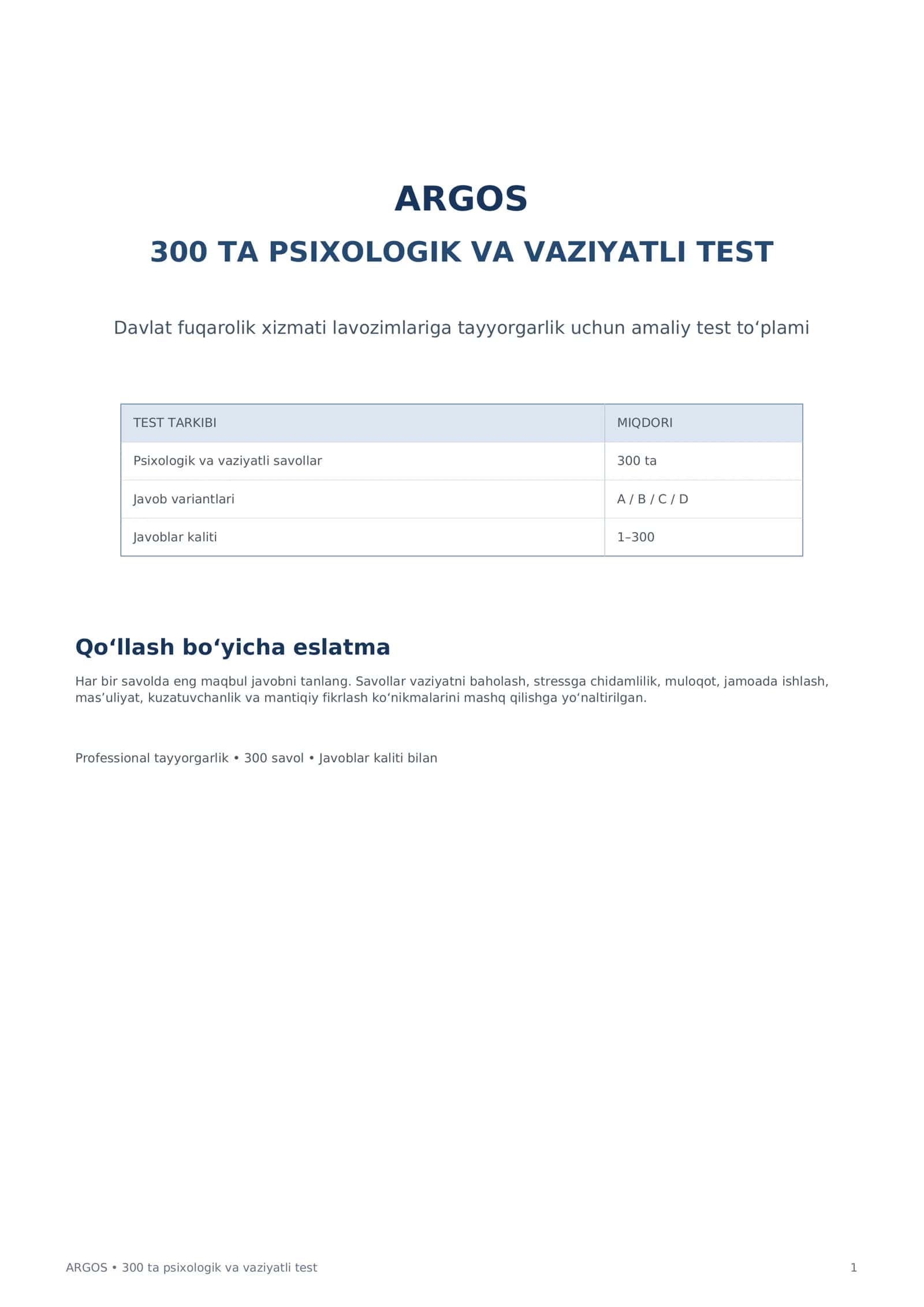 ARGOS 300 ta Psixologik Test | Davlat Xizmati uchun Testlar | Javoblar Kaliti bilan PDF 1