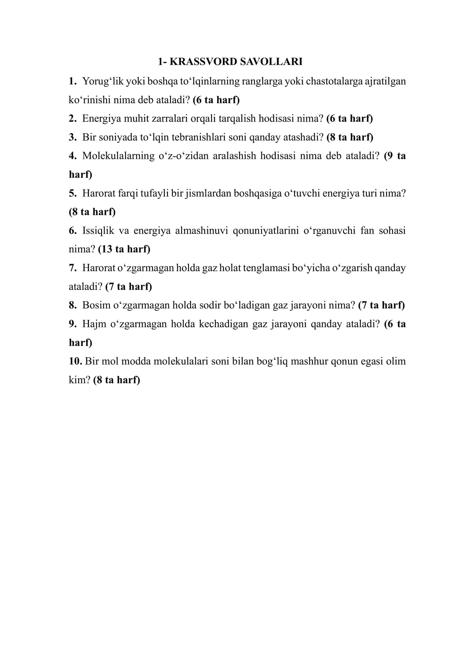KRASSVORD SAVOLLARI 1