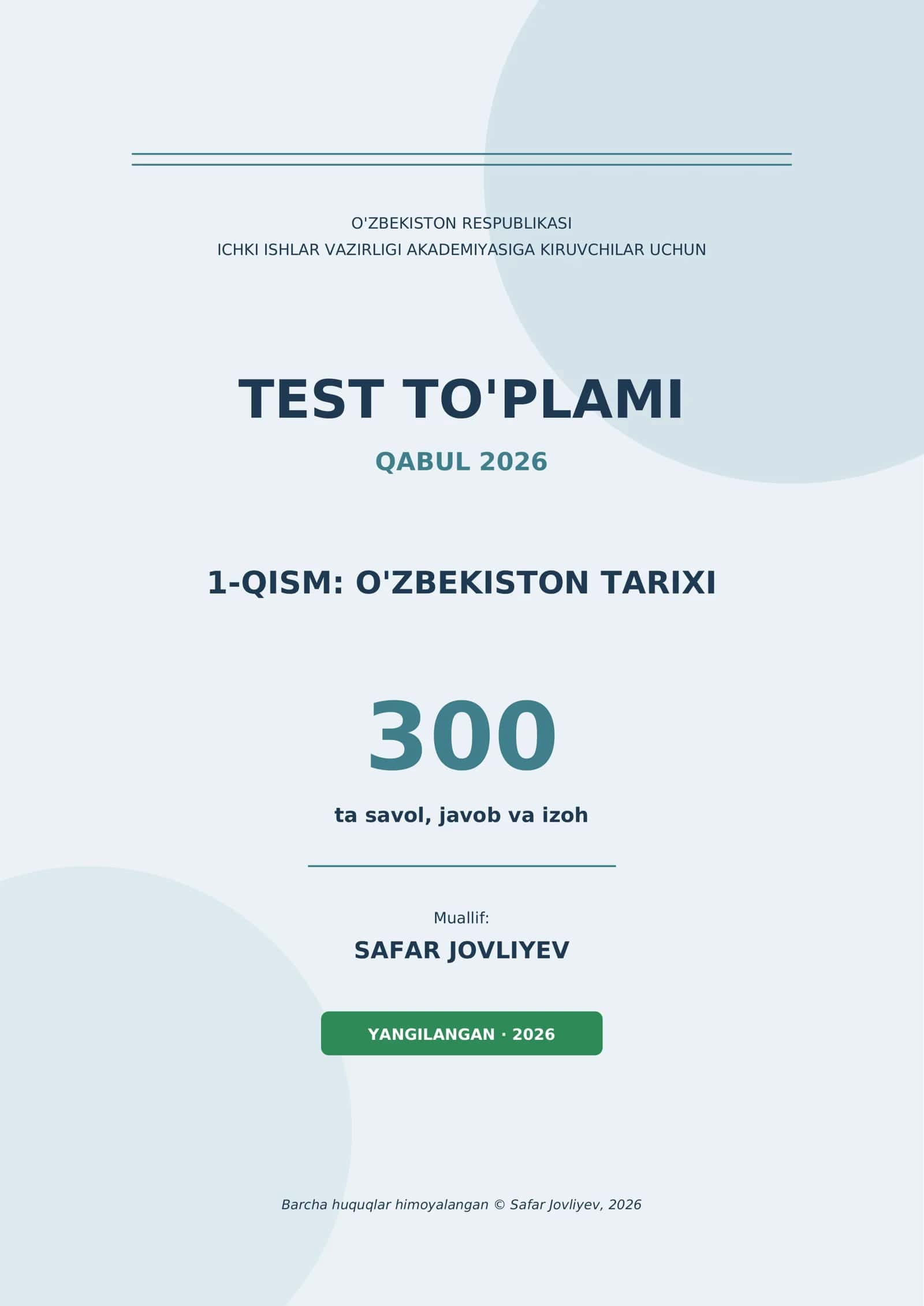O'zbekiston tarixi Test to'plami 1