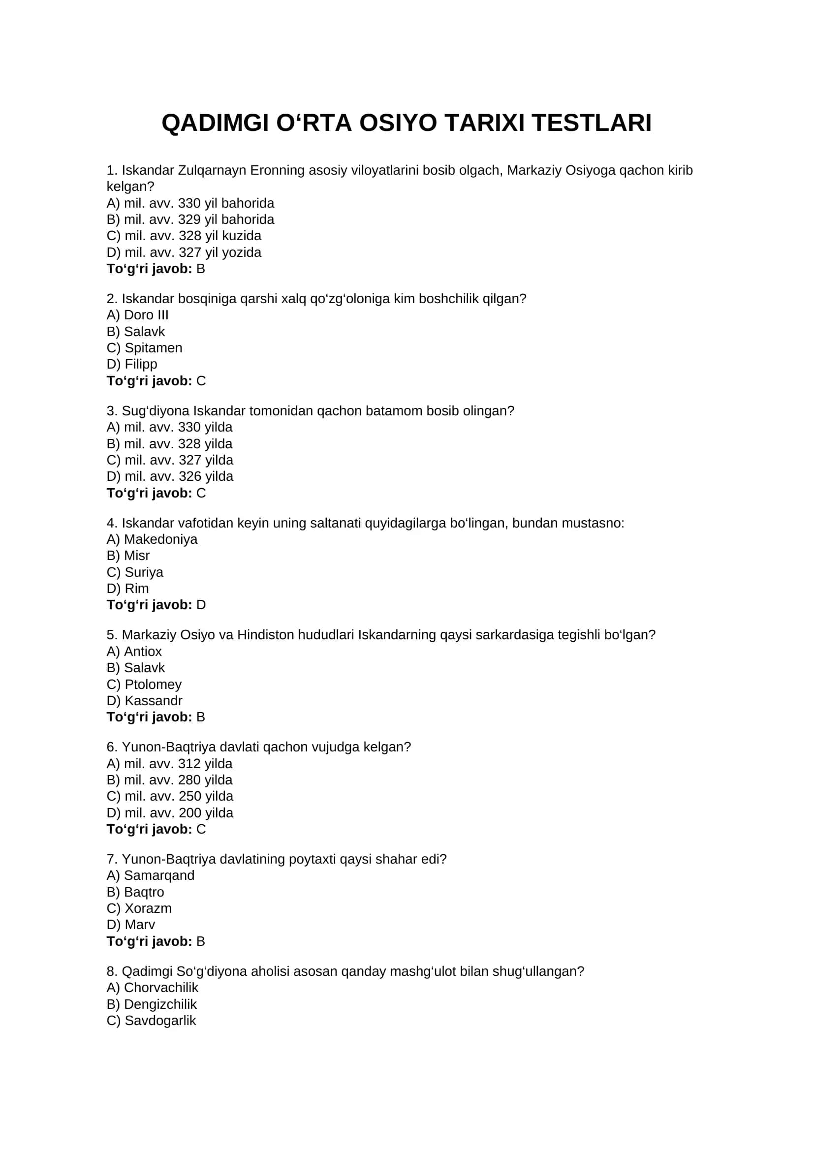 QADIMGI O'RTA OSIYO TARIXI TESTLARI 1