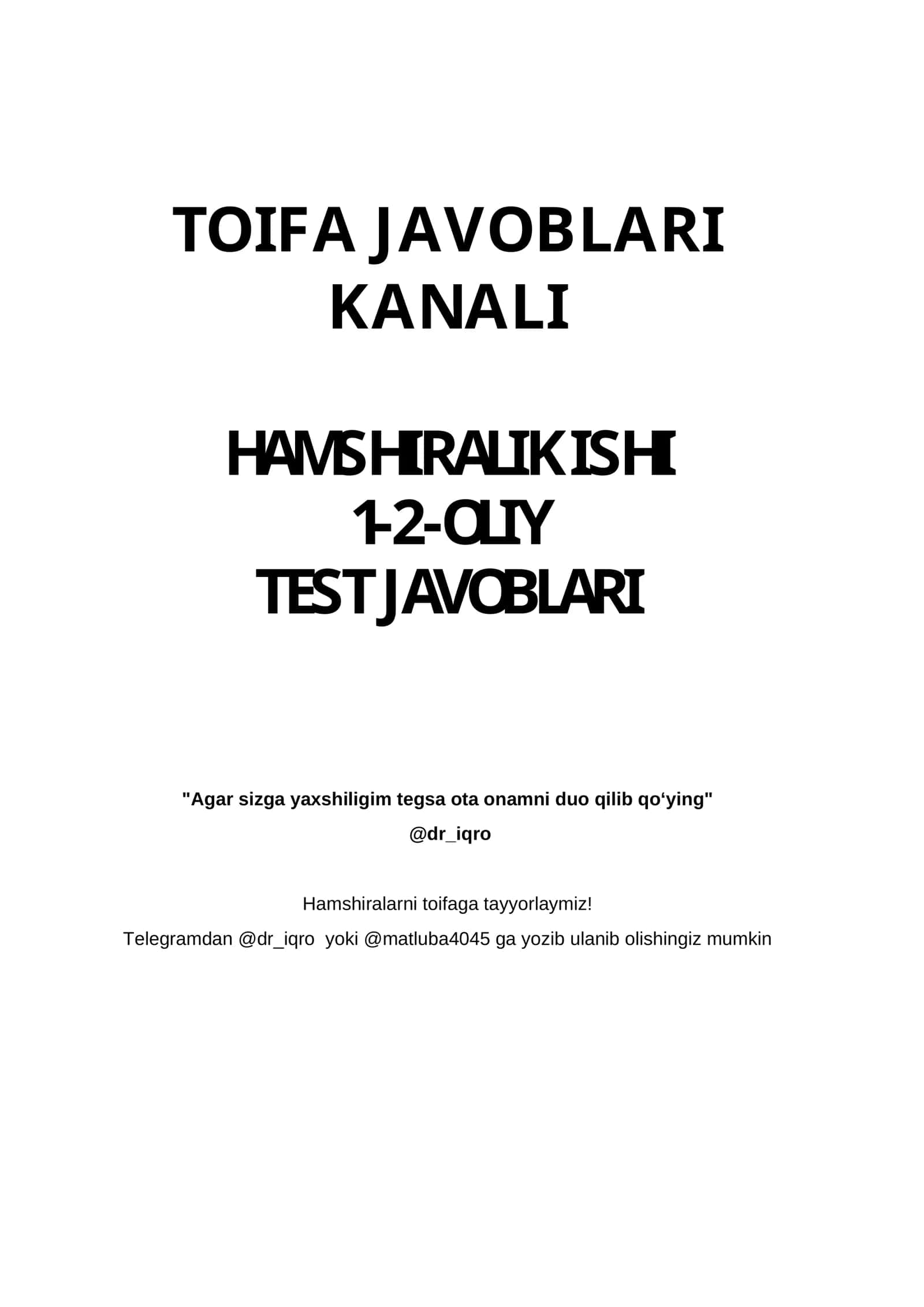 HAMSHIRALIK ISHI 1-2-OLIY TEST JAVOBLARI 1