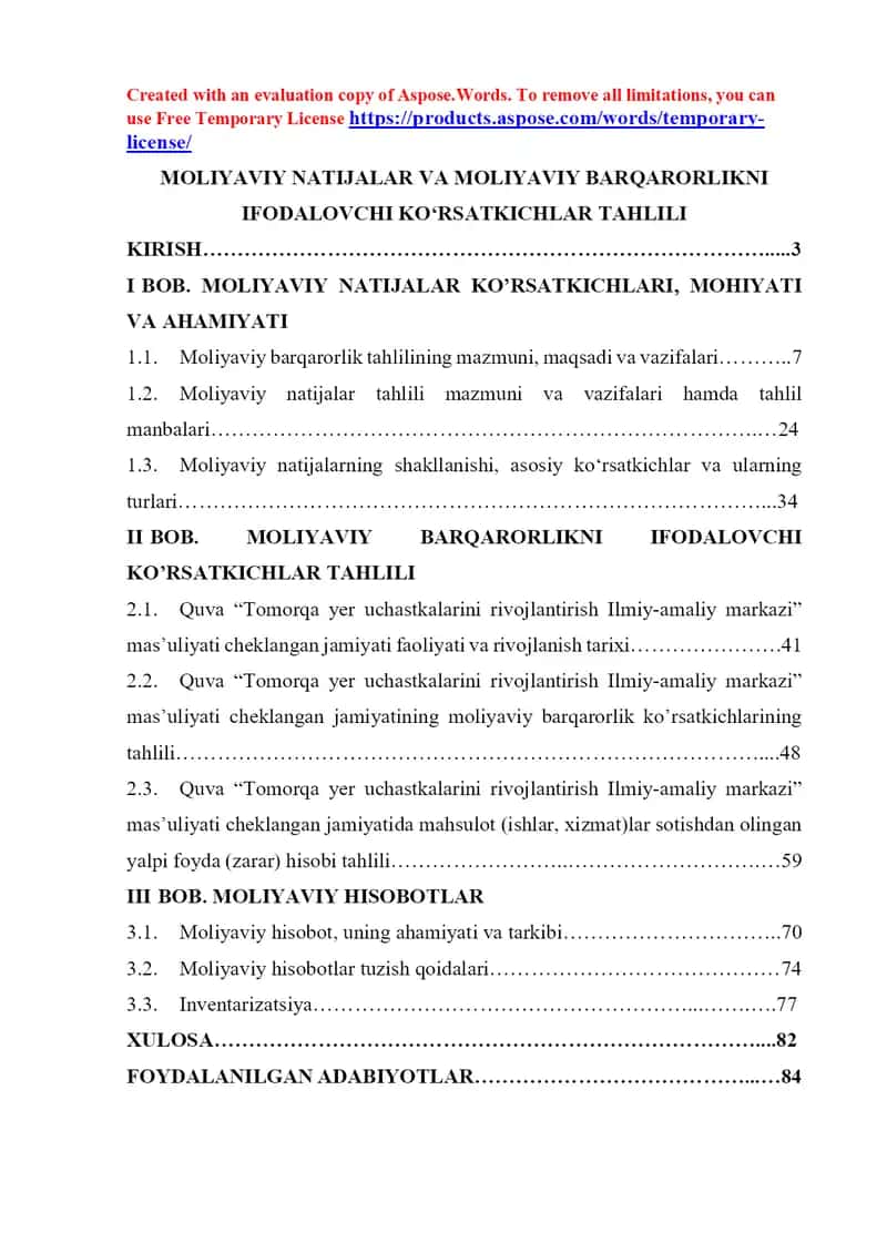 Moliyaviy natijalar va moliyaviy barqarorlikni ifodalovchi ko’rsatkichlar tahlili 1