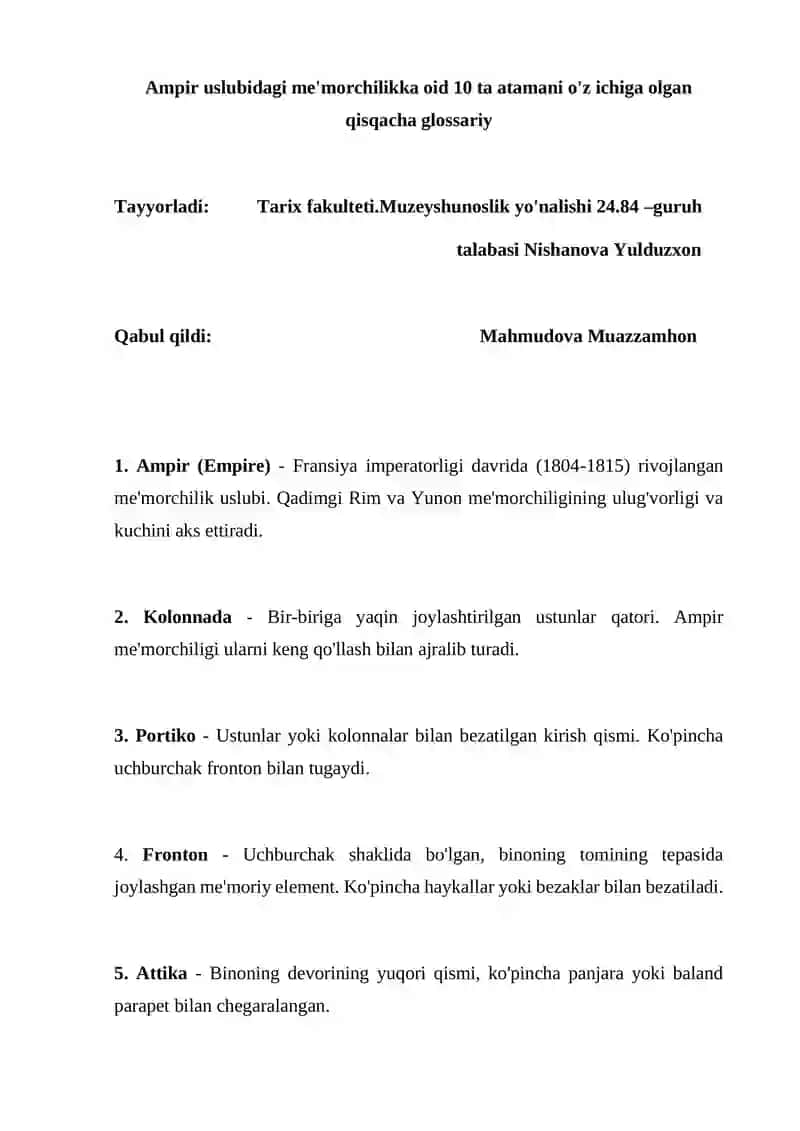 Ampir uslubidagi me'morchilikka oid 10 ta atamani o'z ichiga olgan qisqacha glossariy