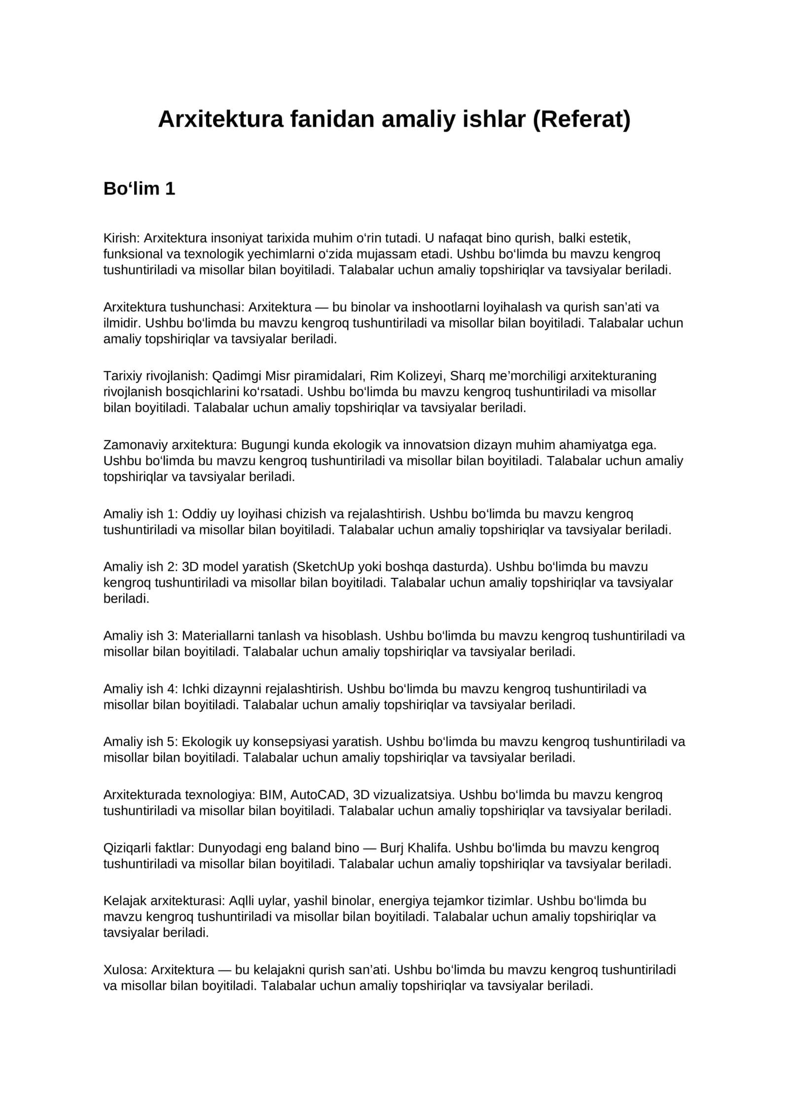 Arxitektura fanidan amaliy ishlar (Referat) 1
