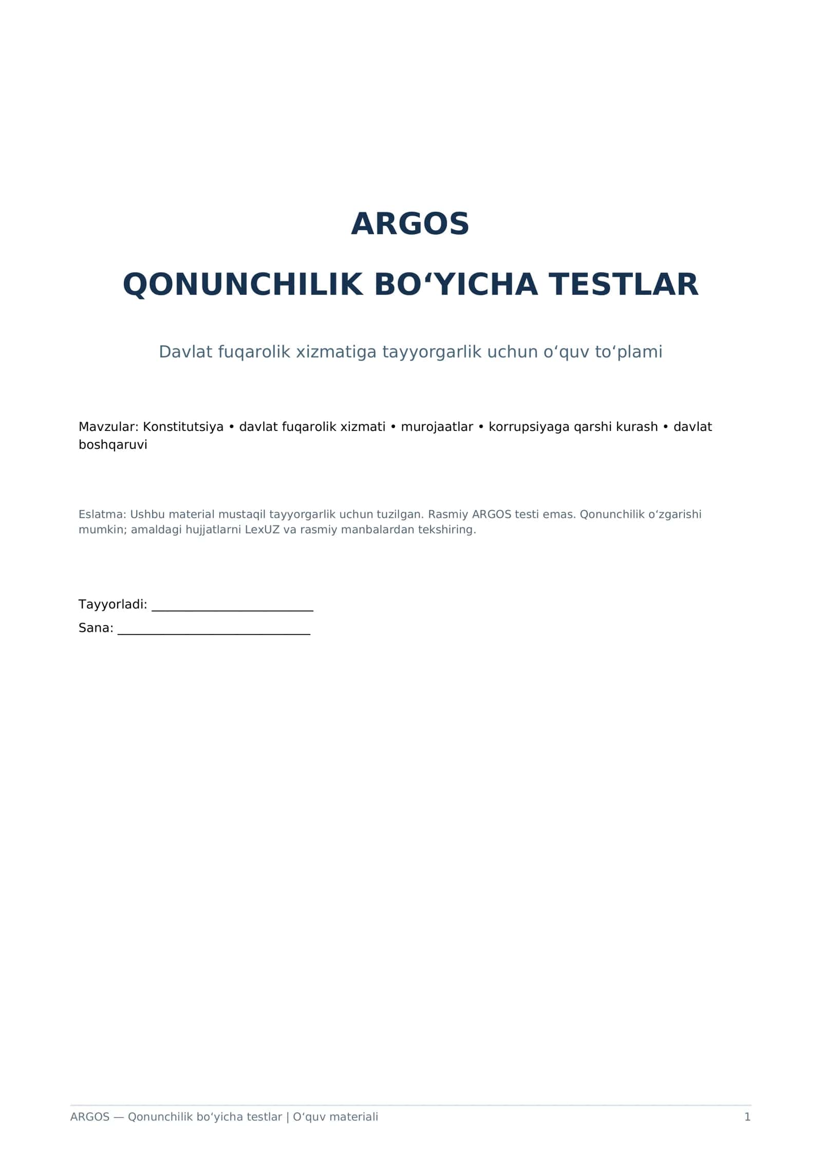ARGOS qonunchilik bo‘yicha 25 ta test va javoblar kaliti — PDF 1