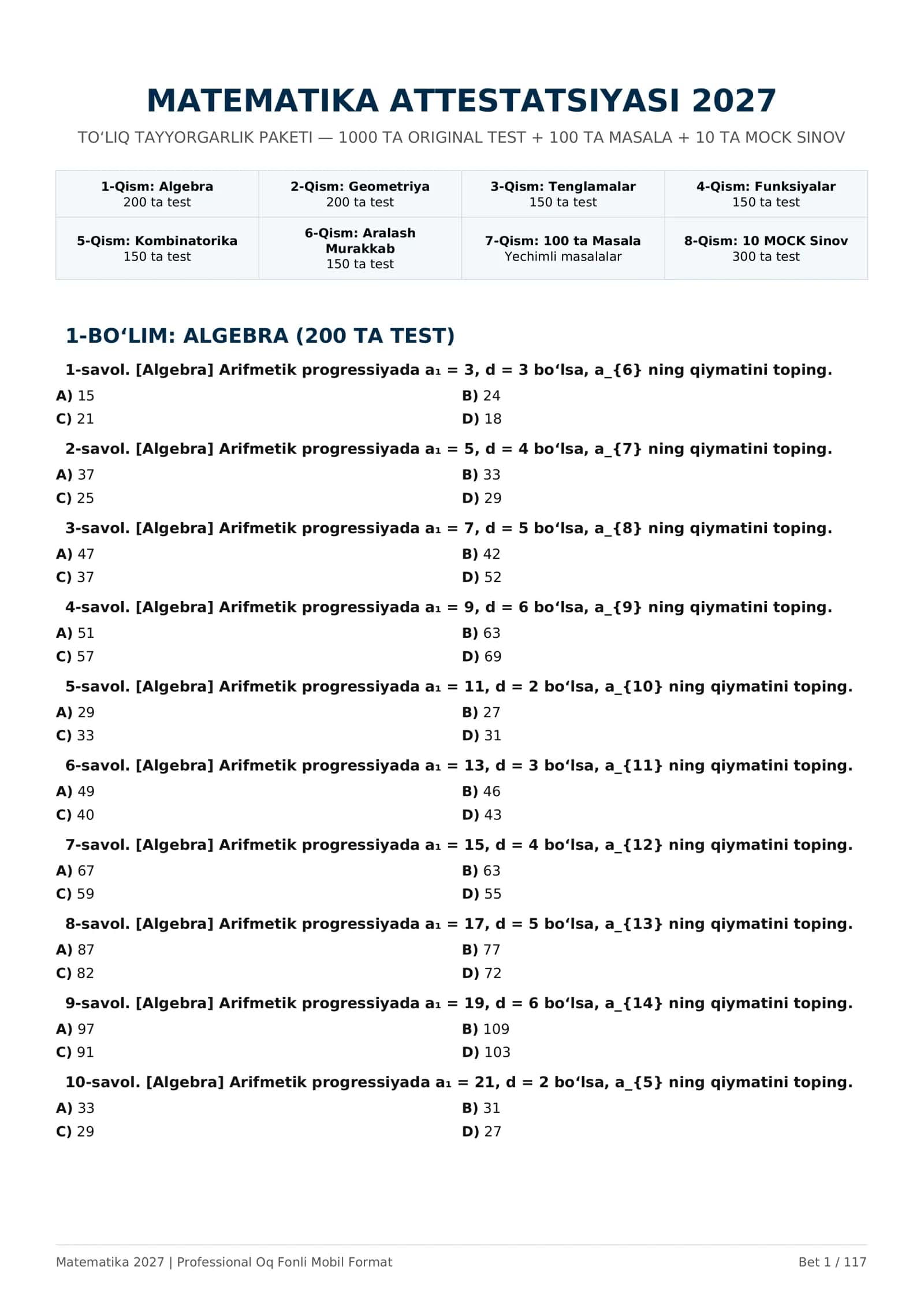 MATEMATIKA ATTESTATSIYASI 2027 — 1000 TA TEST + 10 MOCK + 100 MASALA 1