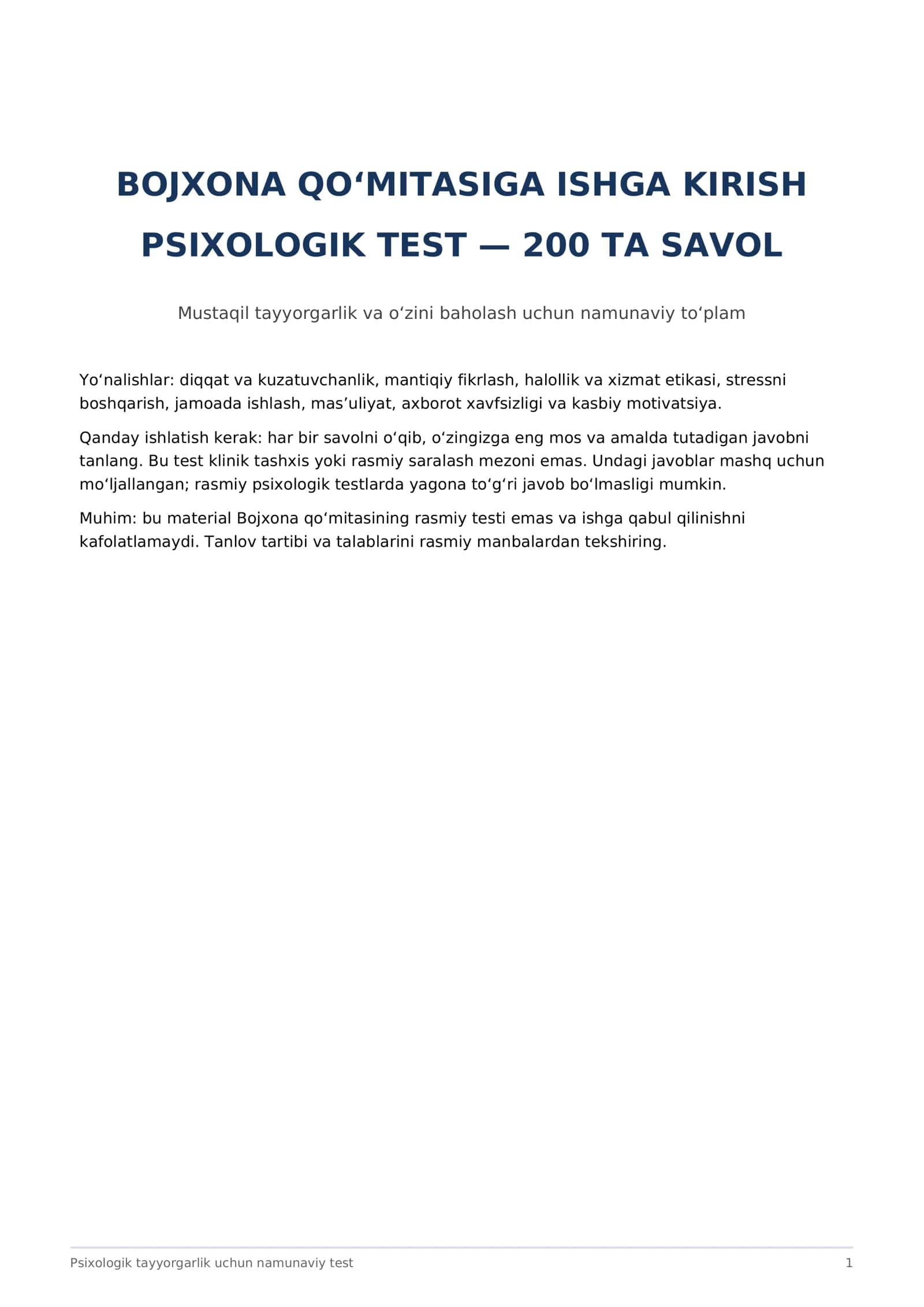 Bojxona qo‘mitasiga ishga kirish uchun 200 ta psixologik test — PDF 1