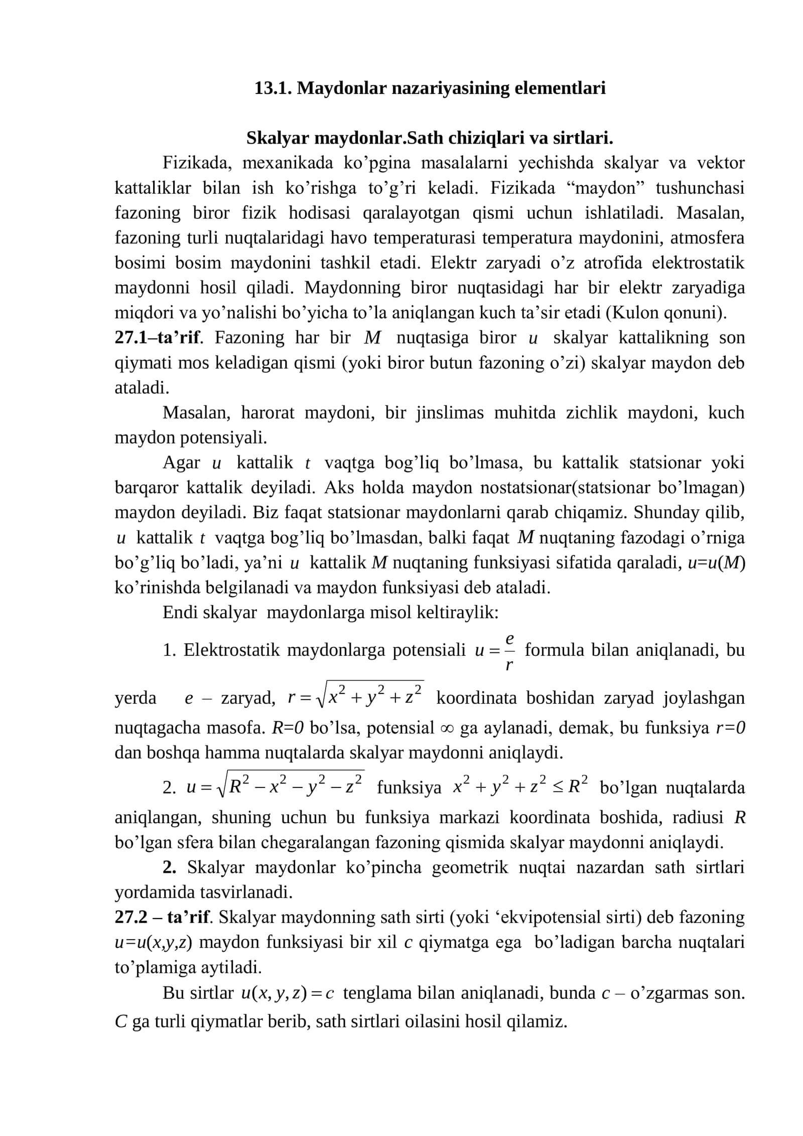 Maydonlar nazariyasining elementlari 1