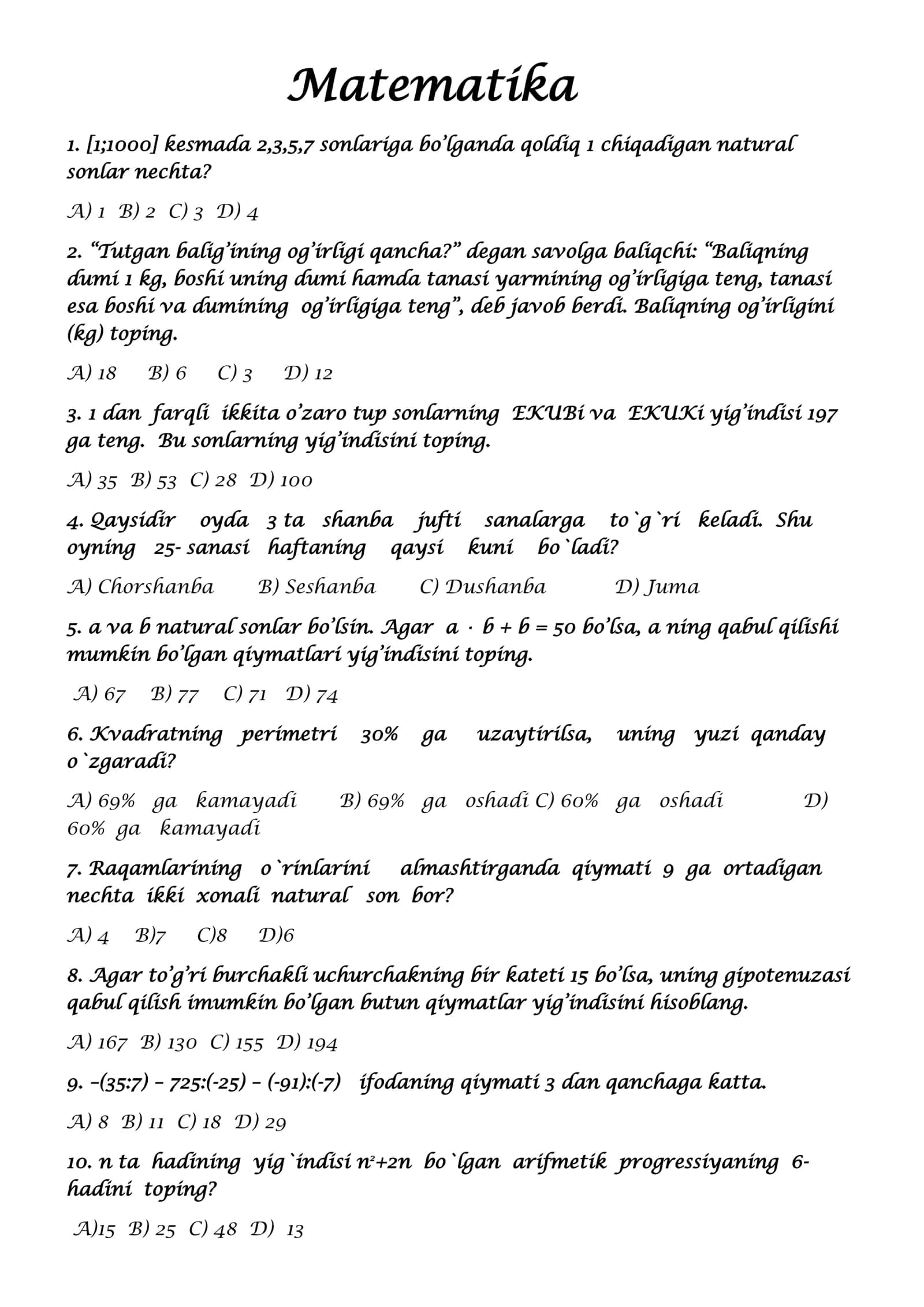 Matematika savollar 1