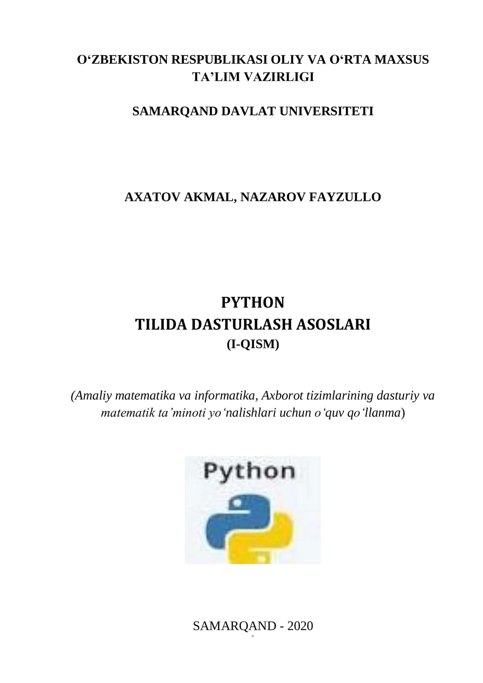 PYTHON TILIDA DASTURLASH ASOSLARI (I-QISM) 1