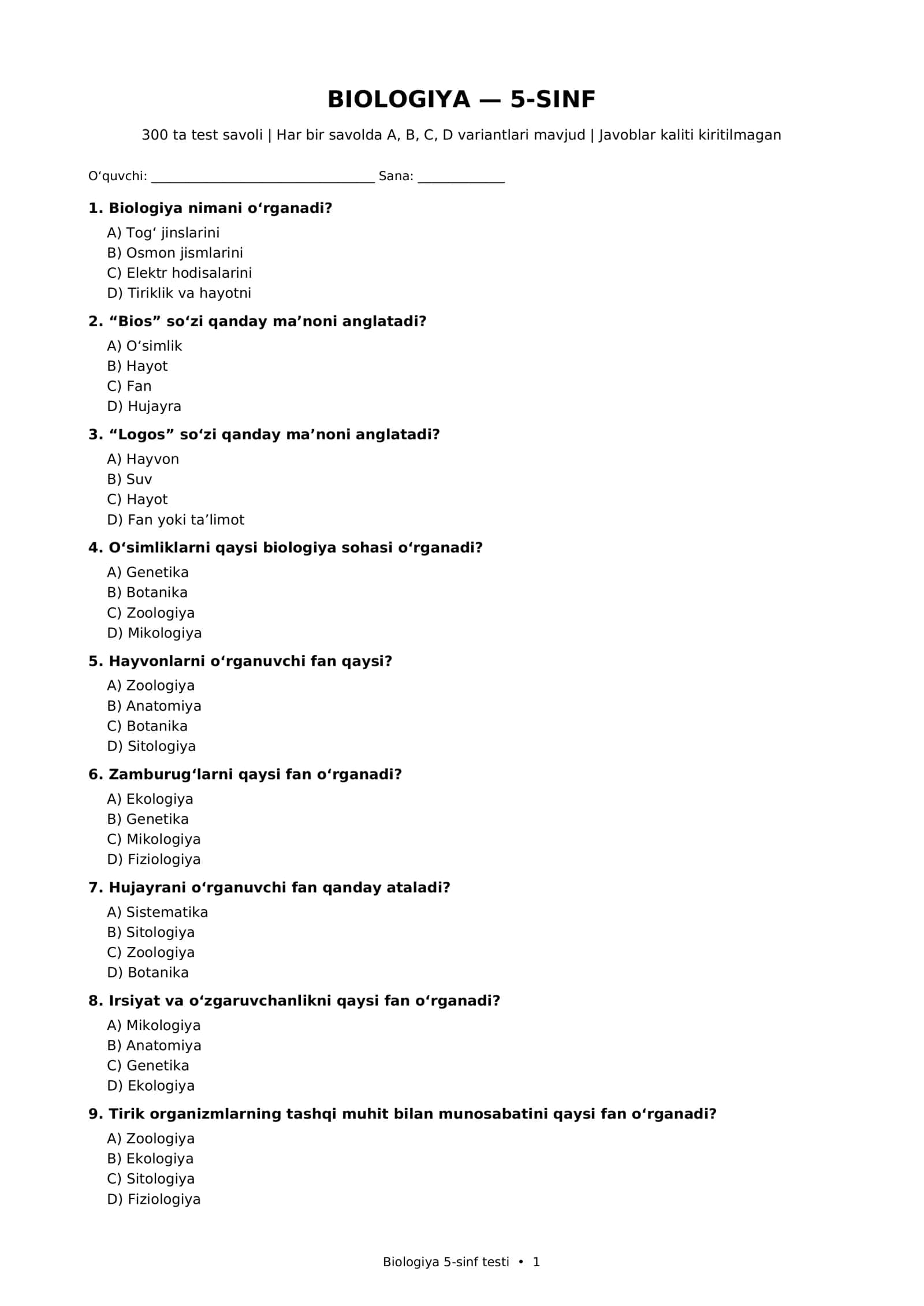 Biologiya 5-sinf testi • 1 1