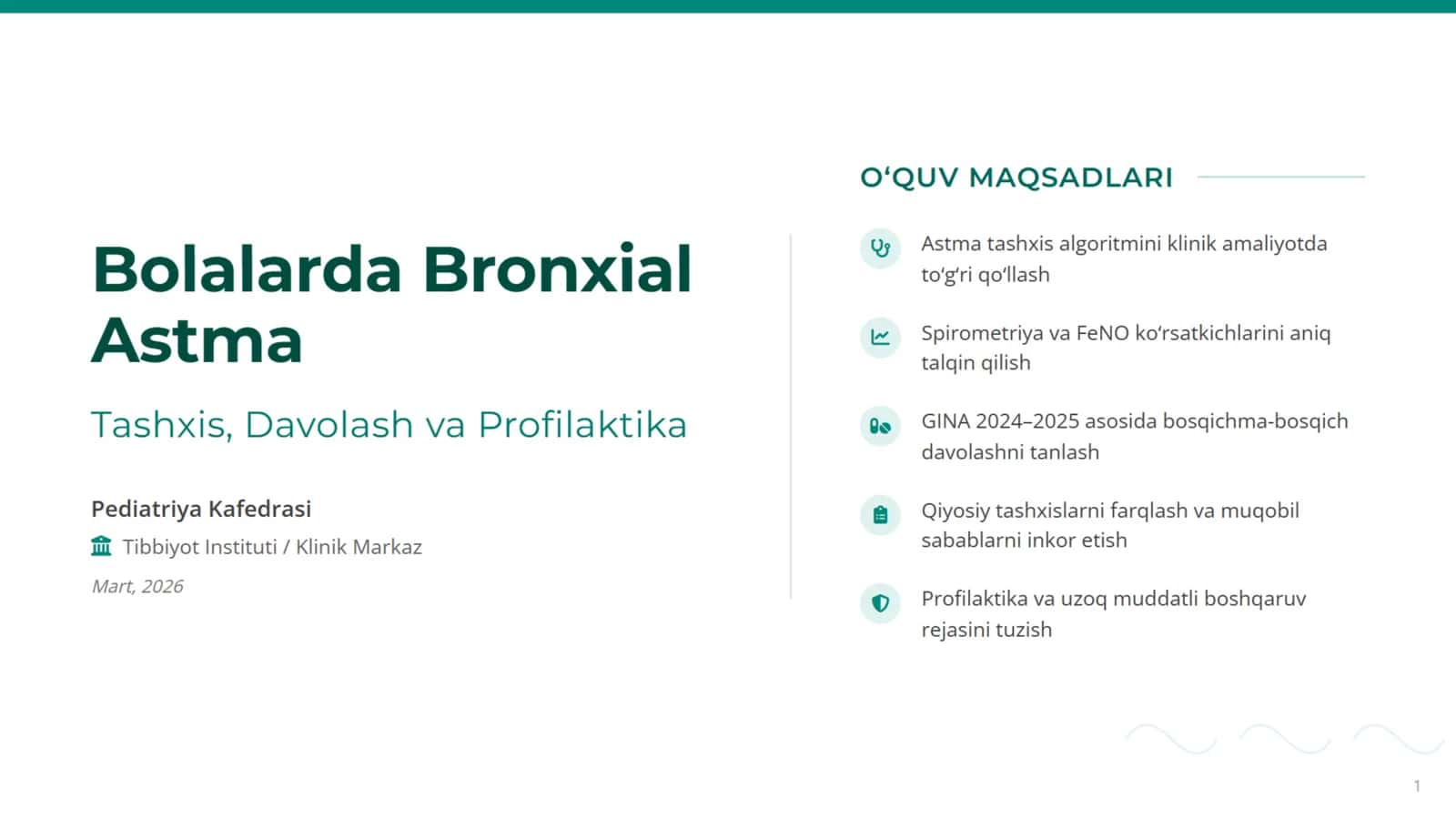 Bolalarda bronxial astma. Tashxisot mezonlari. Qiyosiy tashxisi. Davosi. Profilaktikasi. 1