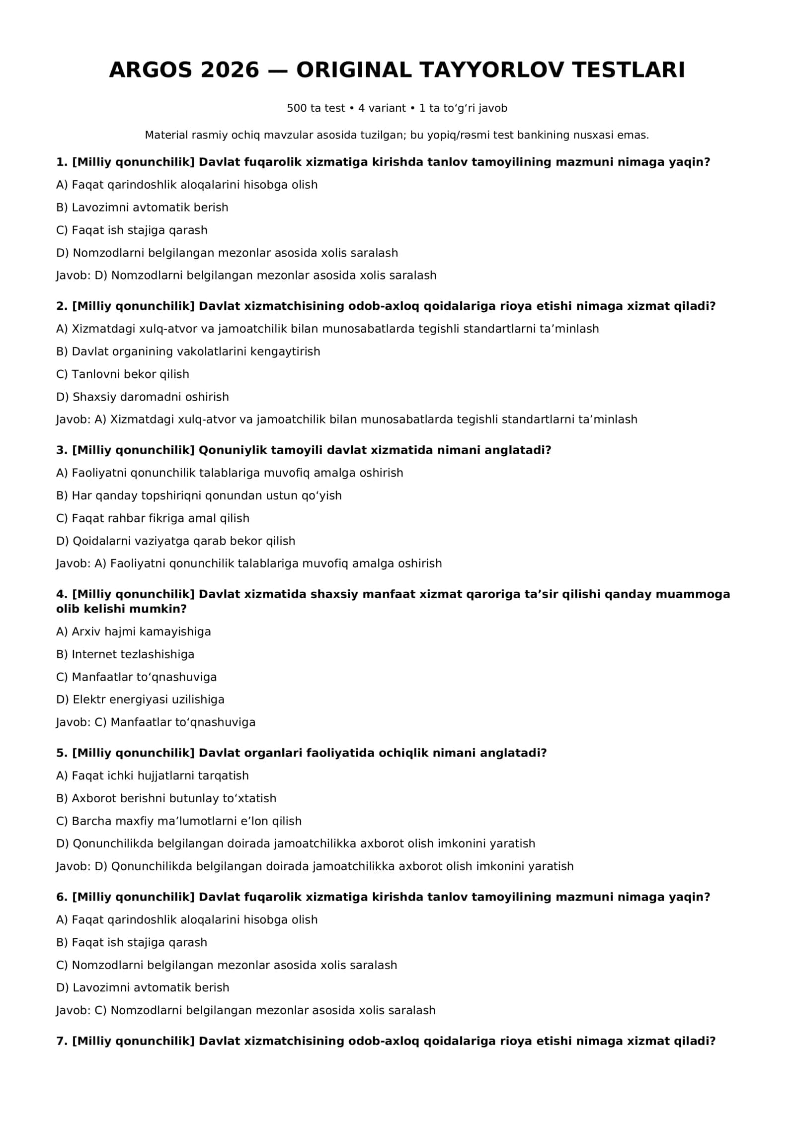 ARGOS 2026 — 500 ta Original Test Savollari va Javoblari 1