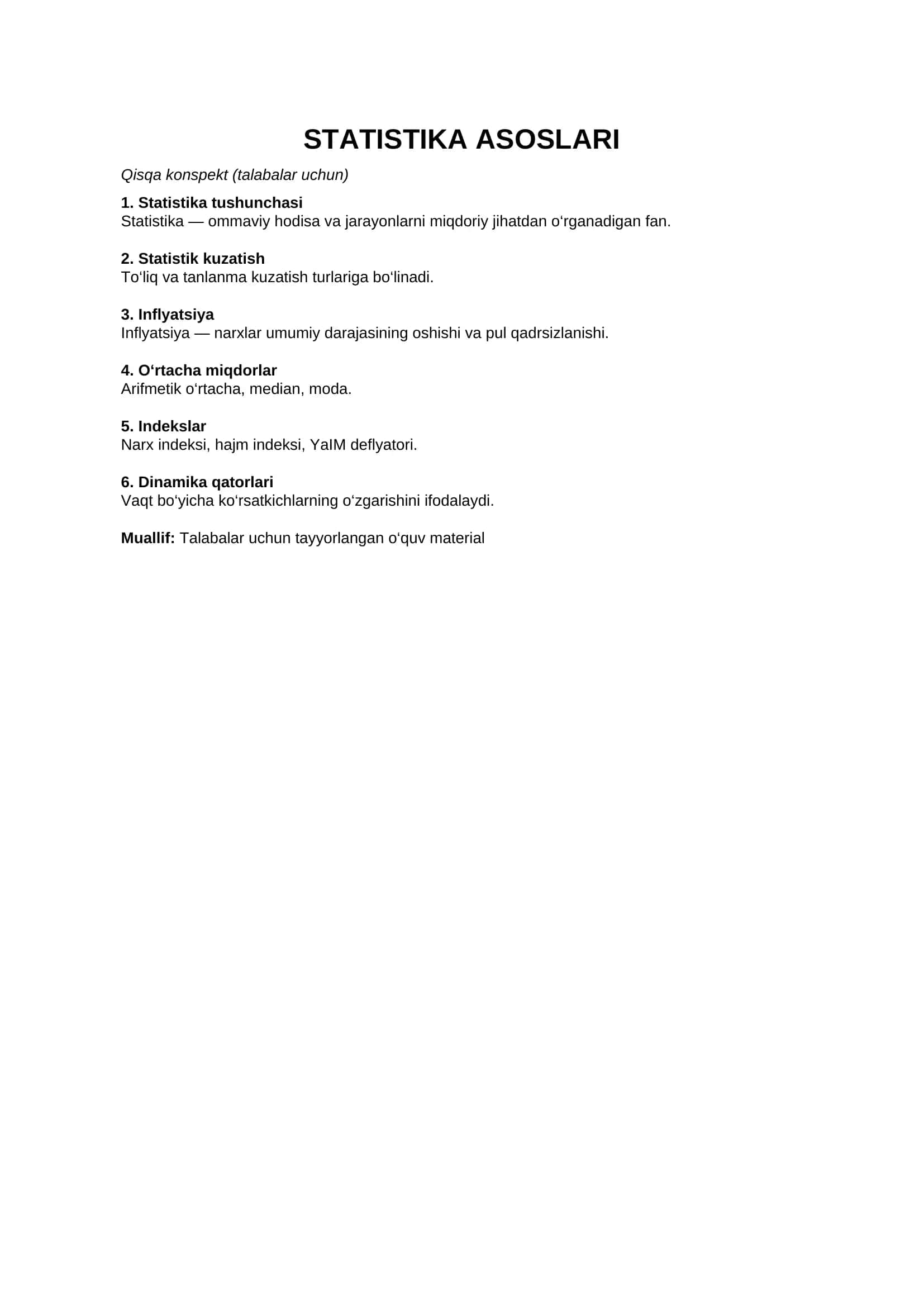 Statistika asoslari qisqa konskpekt 1