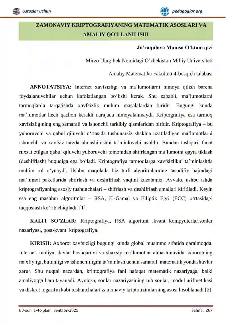 ZAMONAVIY KRIPTOGRAFIYANING MATEMATIK ASOSLARI VA AMALIY QO’LLANILISHI