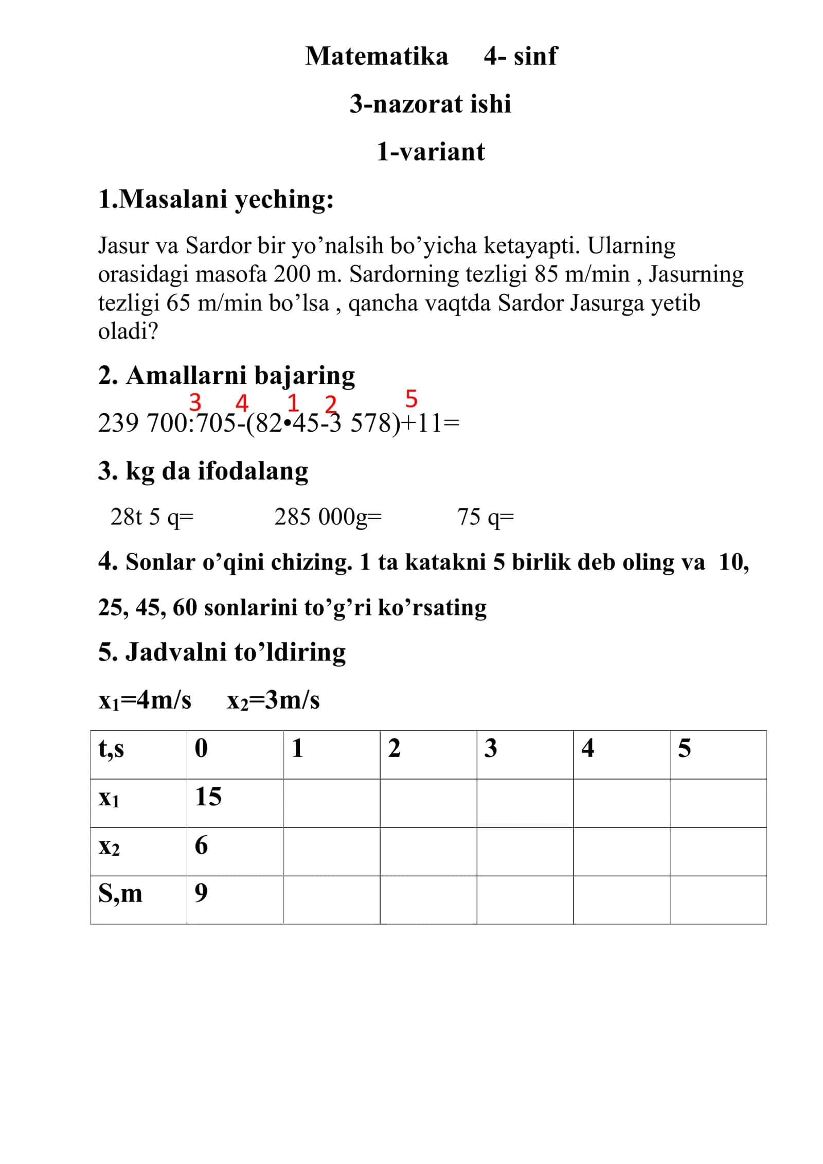 Matematika 4- sinf 3-nazorat ishi 1