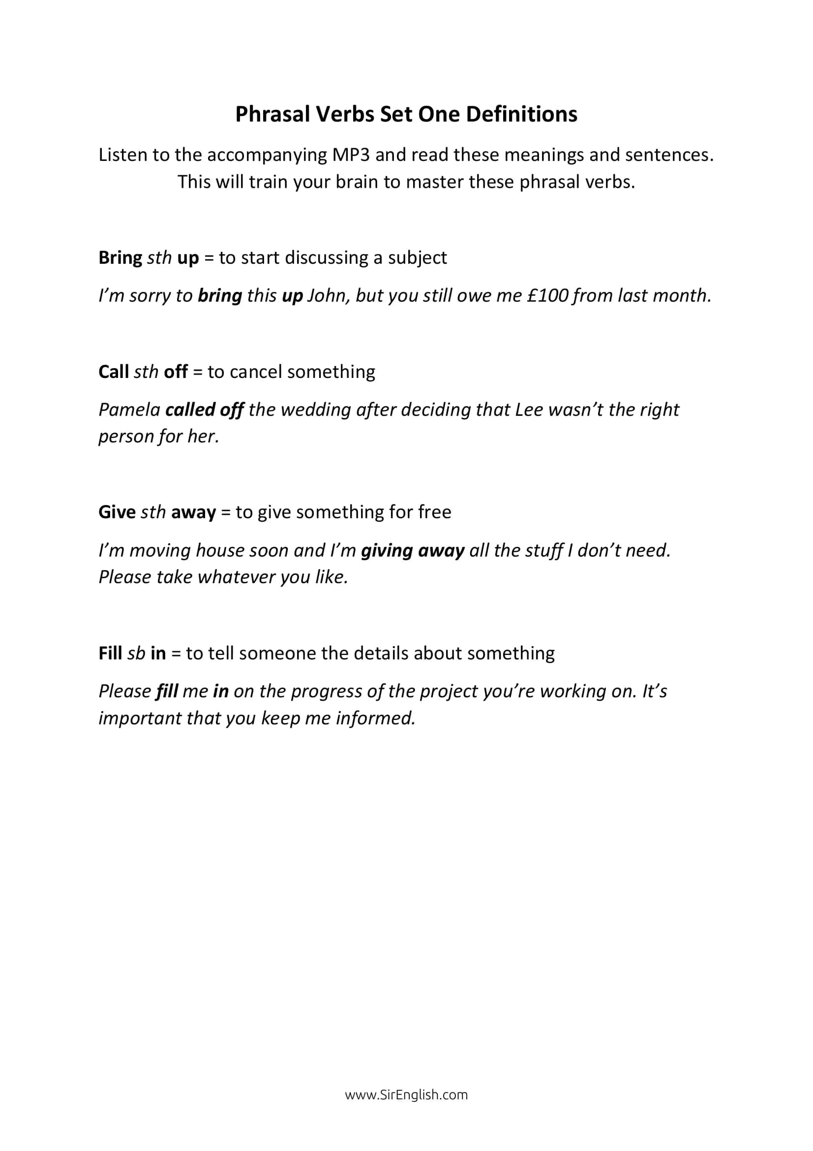 Phrasal Verbs Set One Definitions 1