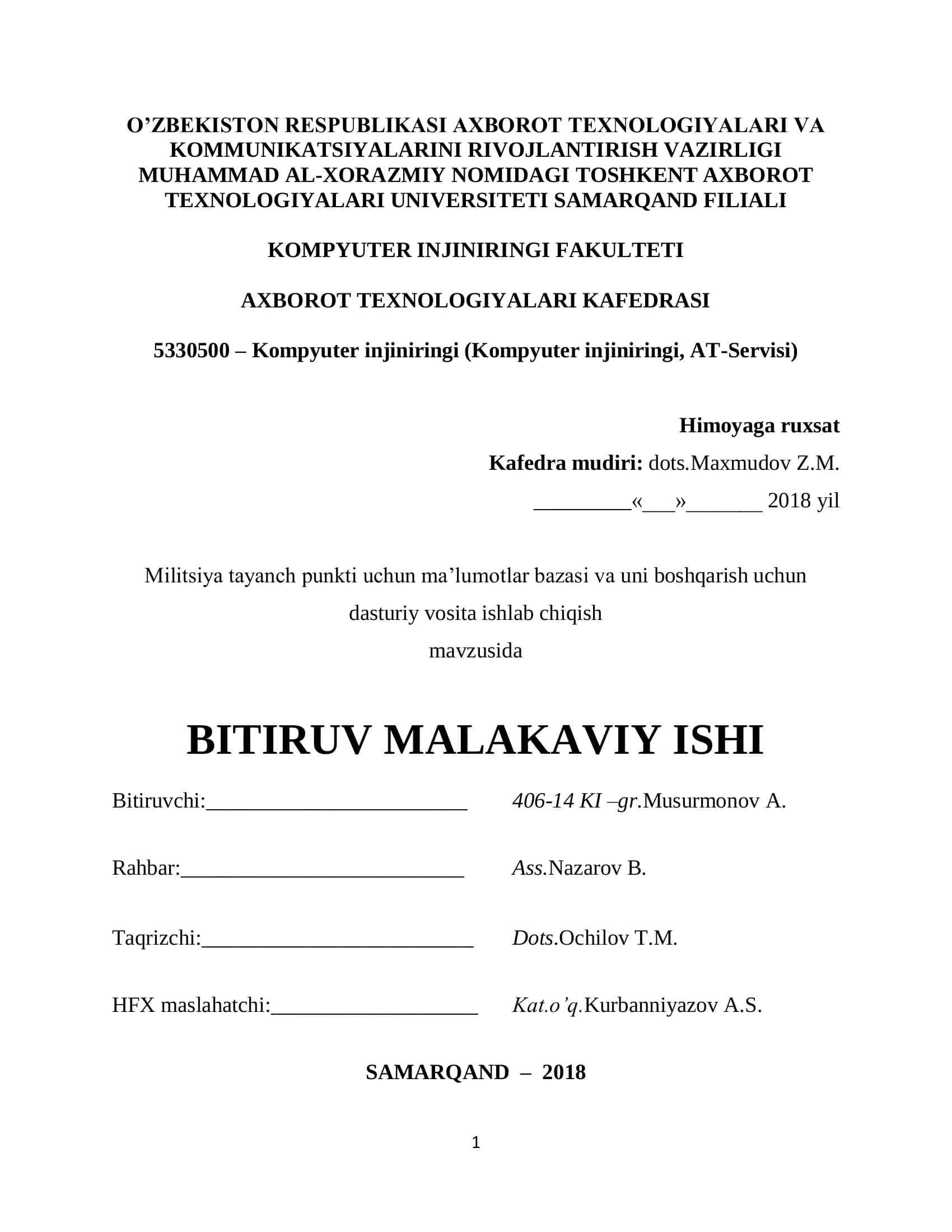 Ma'lumotlar bazasi va uni boshqarish uchun dasturiy vosita ishlab chiqish 1