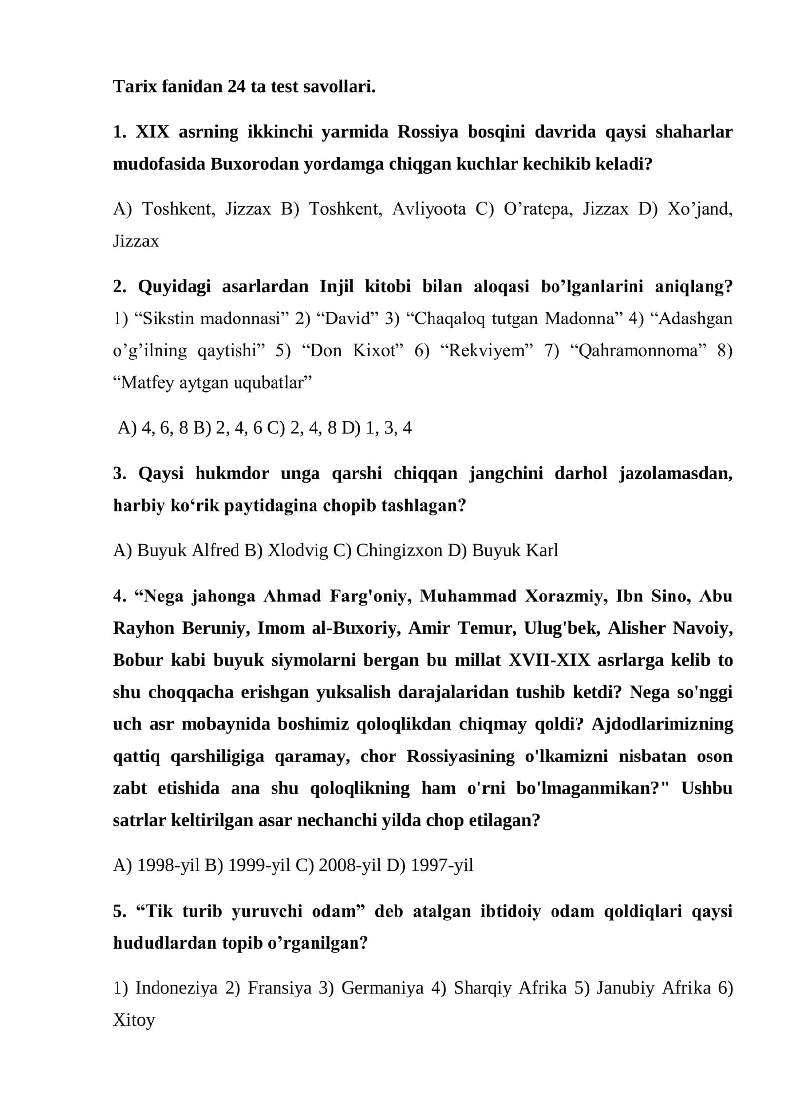 Tarix fanidan Murakkab testlar 1