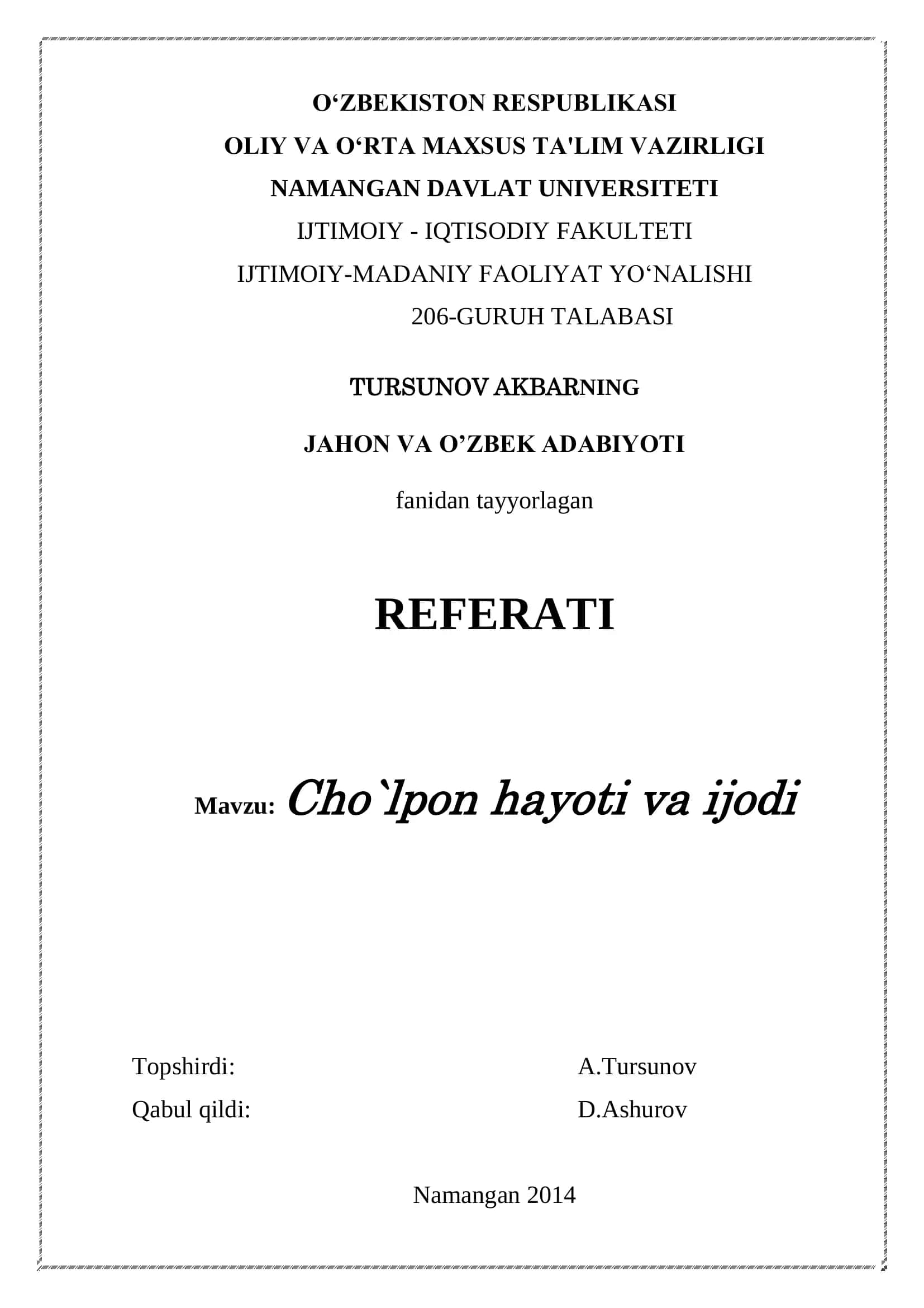 Cho'pon hayoti va ijodi 1