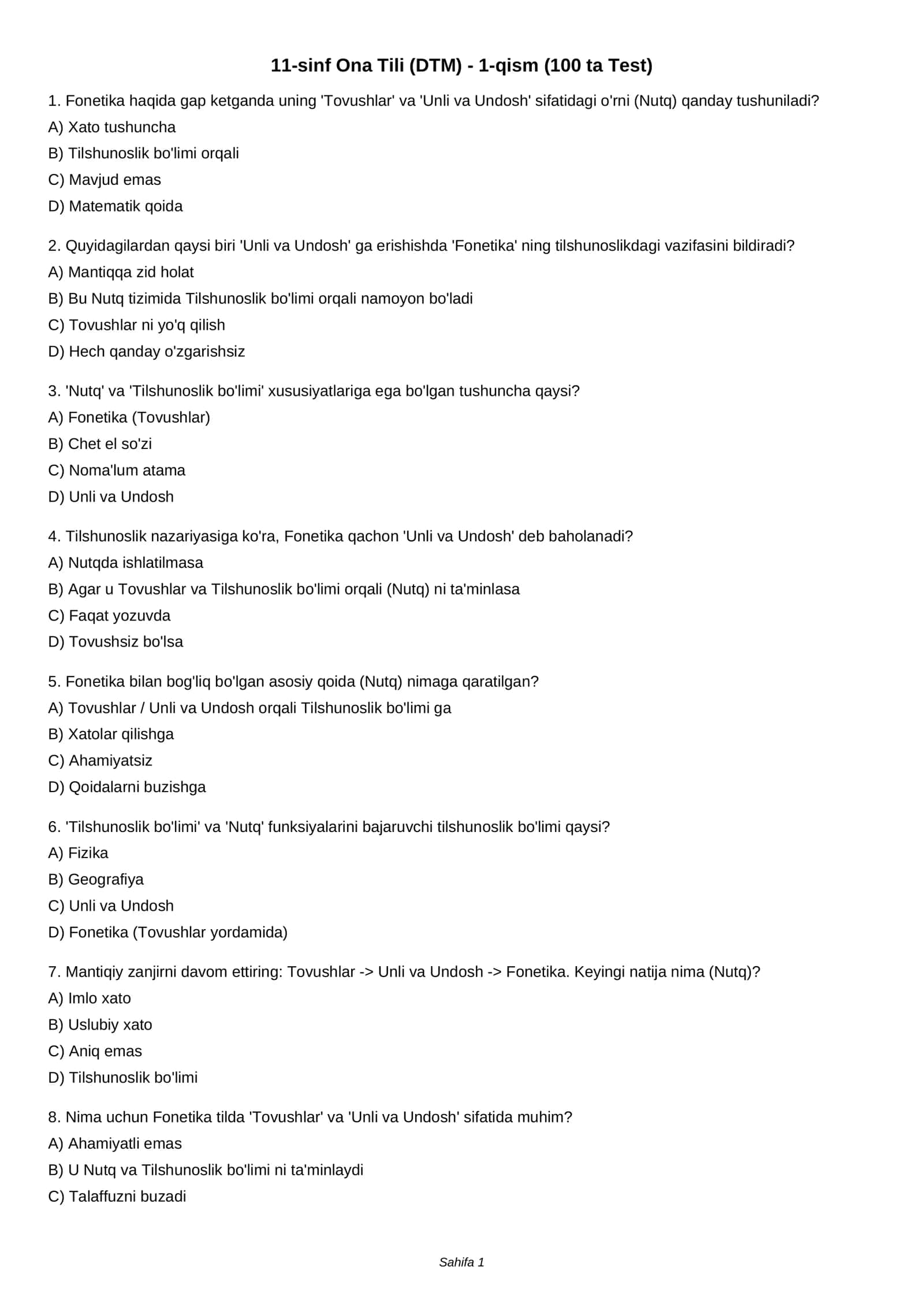 11-sinf Ona Tili (DTM) - 1-qism (100 ta Test) 1