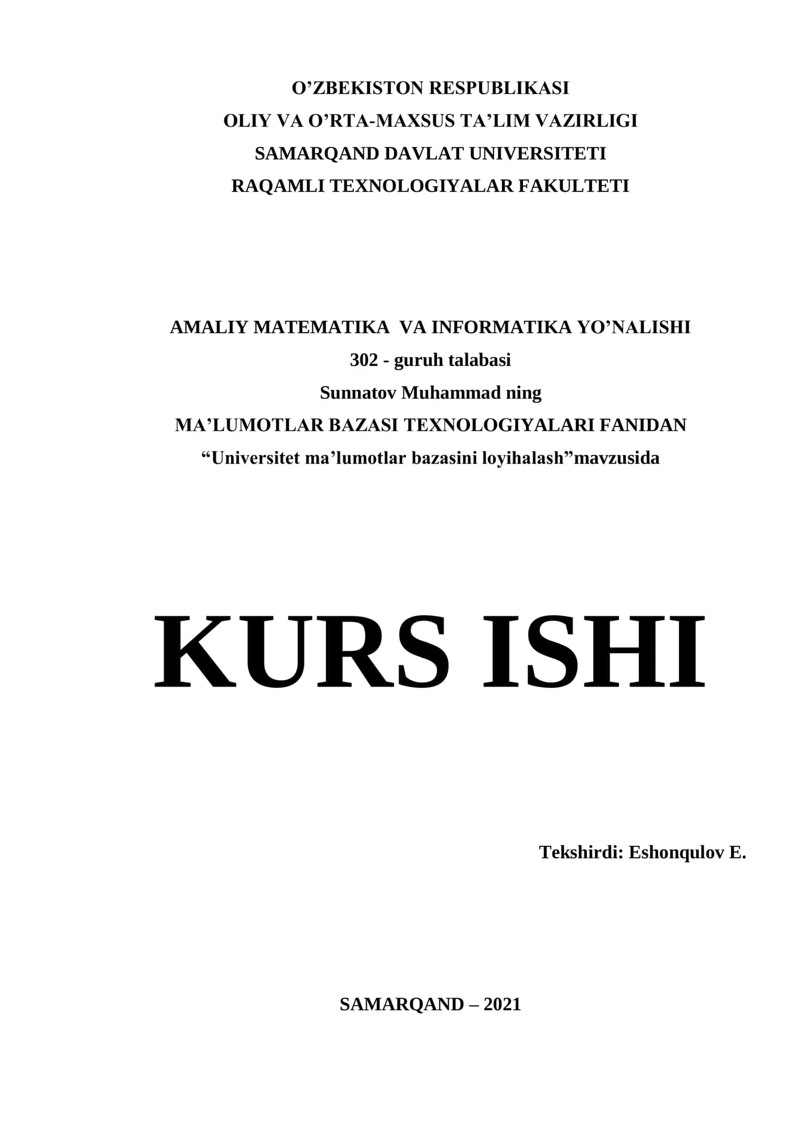 Universitet ma’lumotlar bazasini loyihalash 1