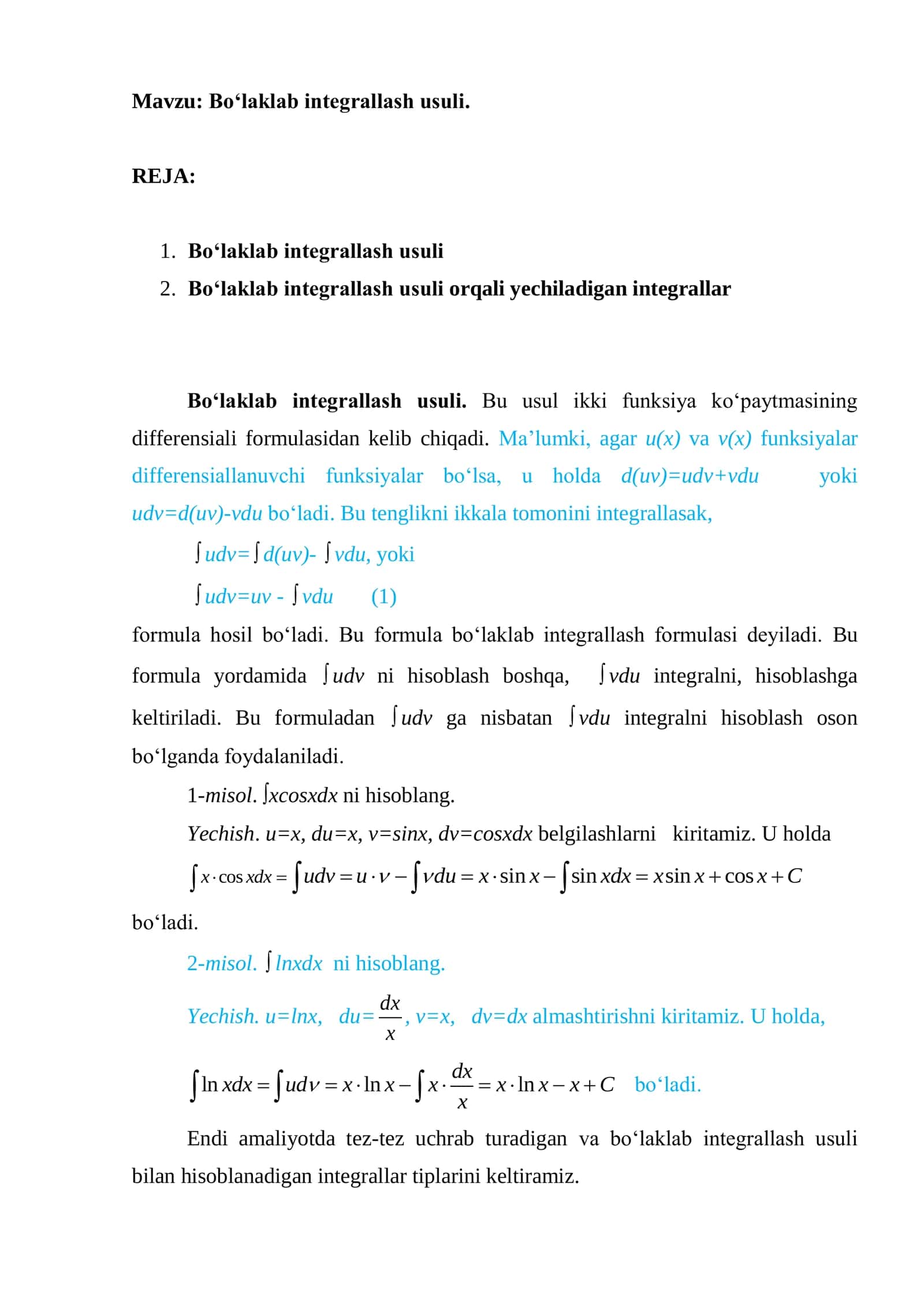 Bo‘laklab integrallash usuli 1