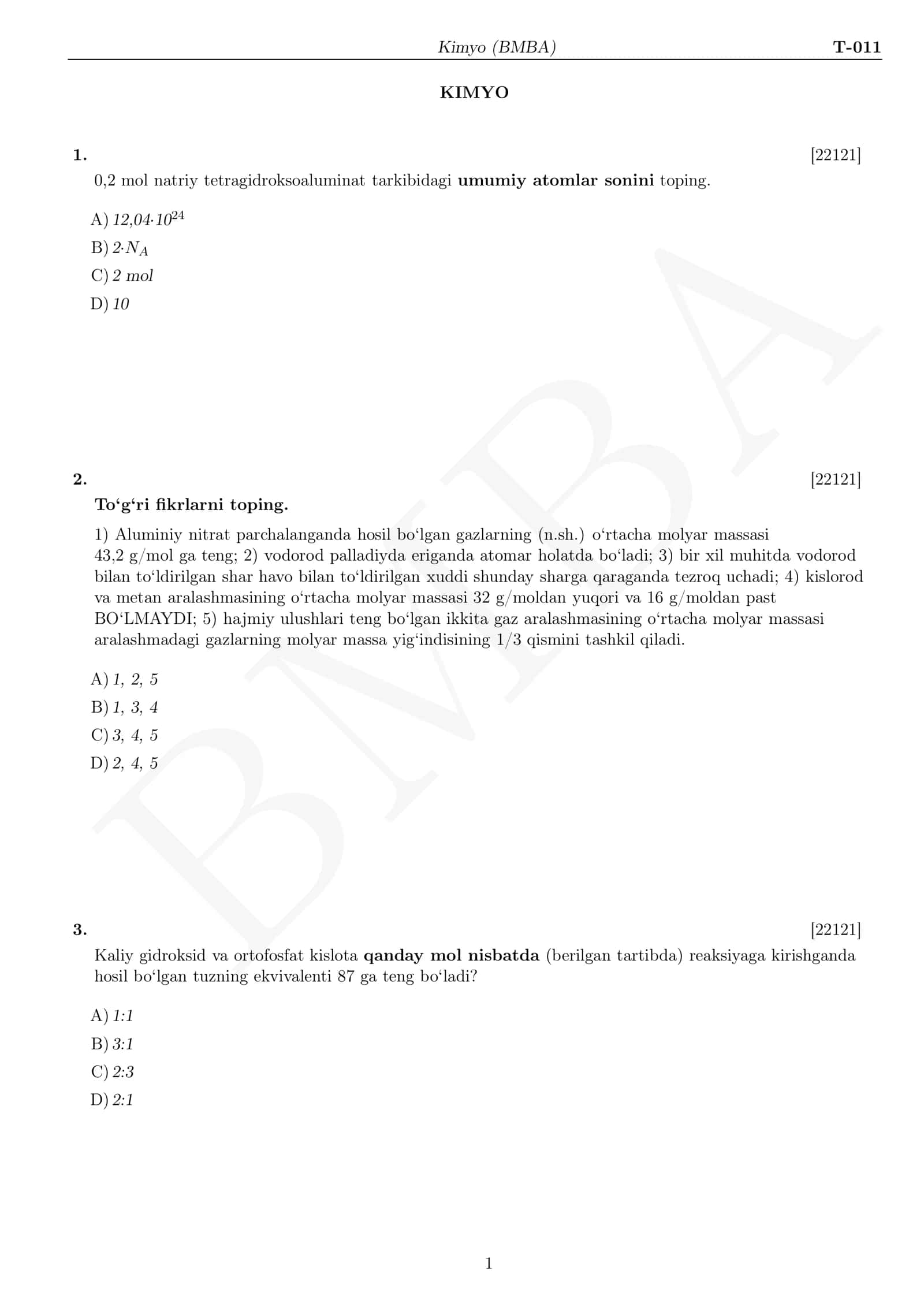 🧪 Kimyo fanidan milliy sertifikat namunaviy test 1