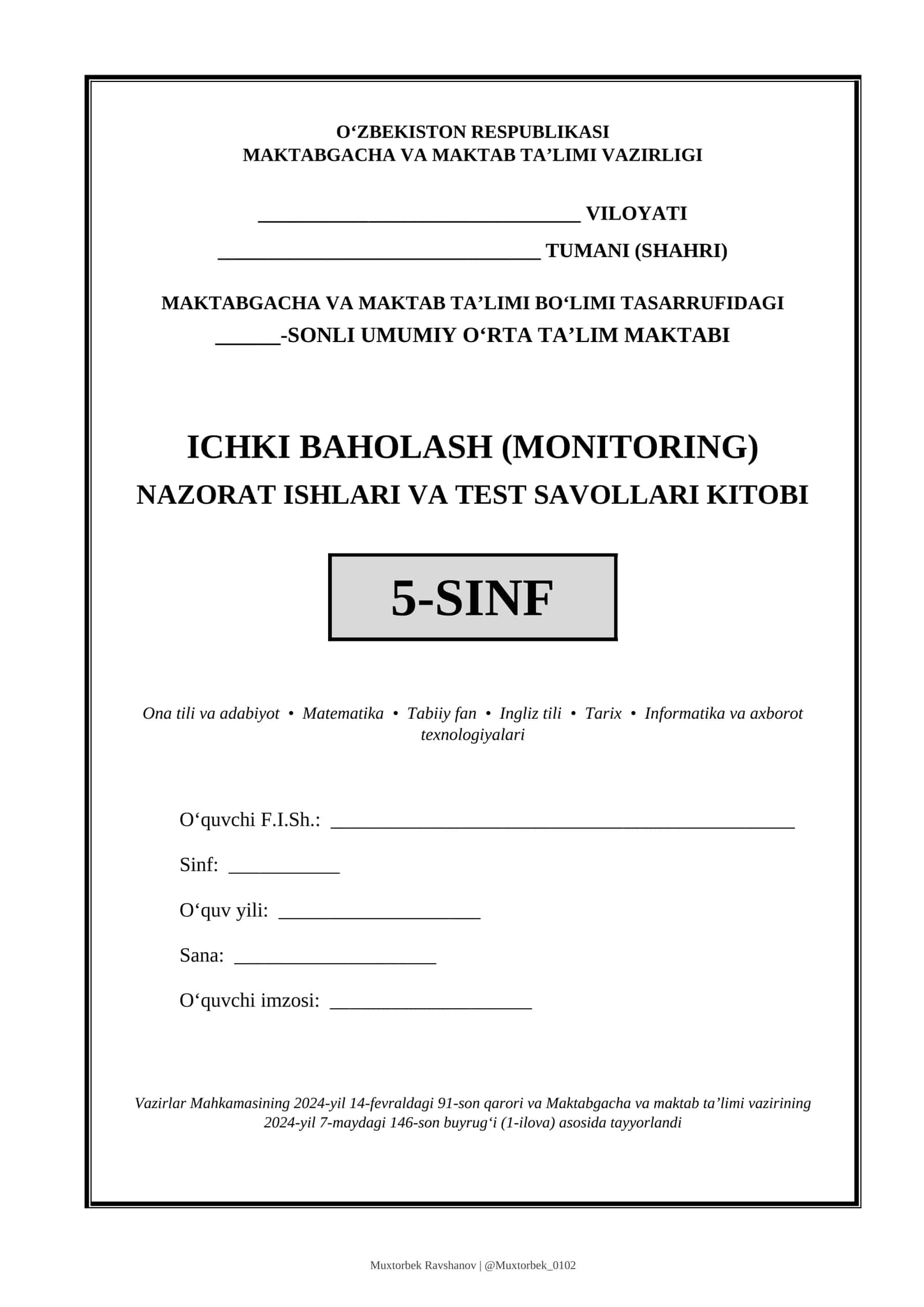NAZORAT ISHLARI VA TEST SAVOLLARI KITOBI 5-SINF 1