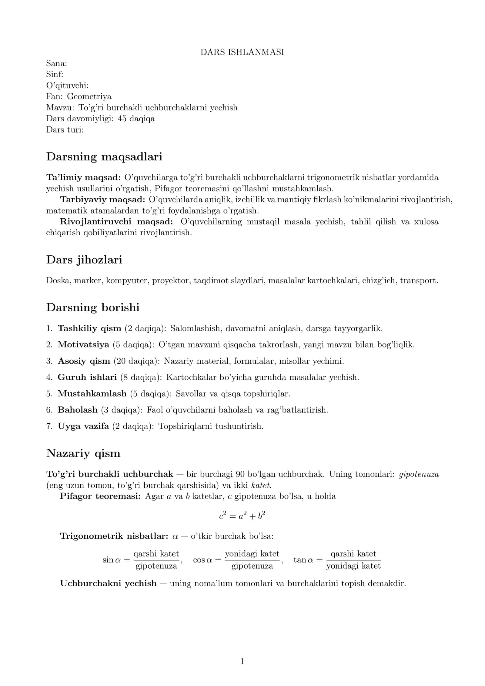To’g’ri burchakli uchburchaklarni yechish (Dars ishlanmasi) 1