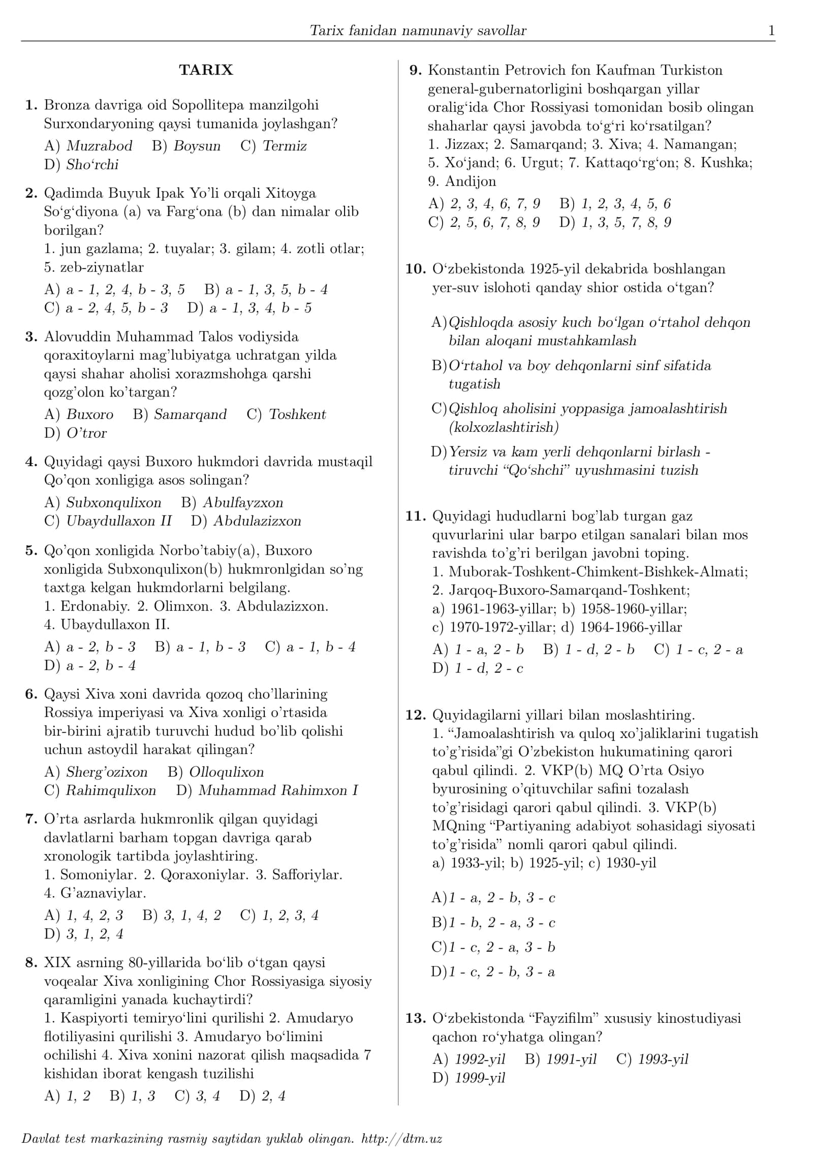 Tarix fanidan namunaviy savollar 1