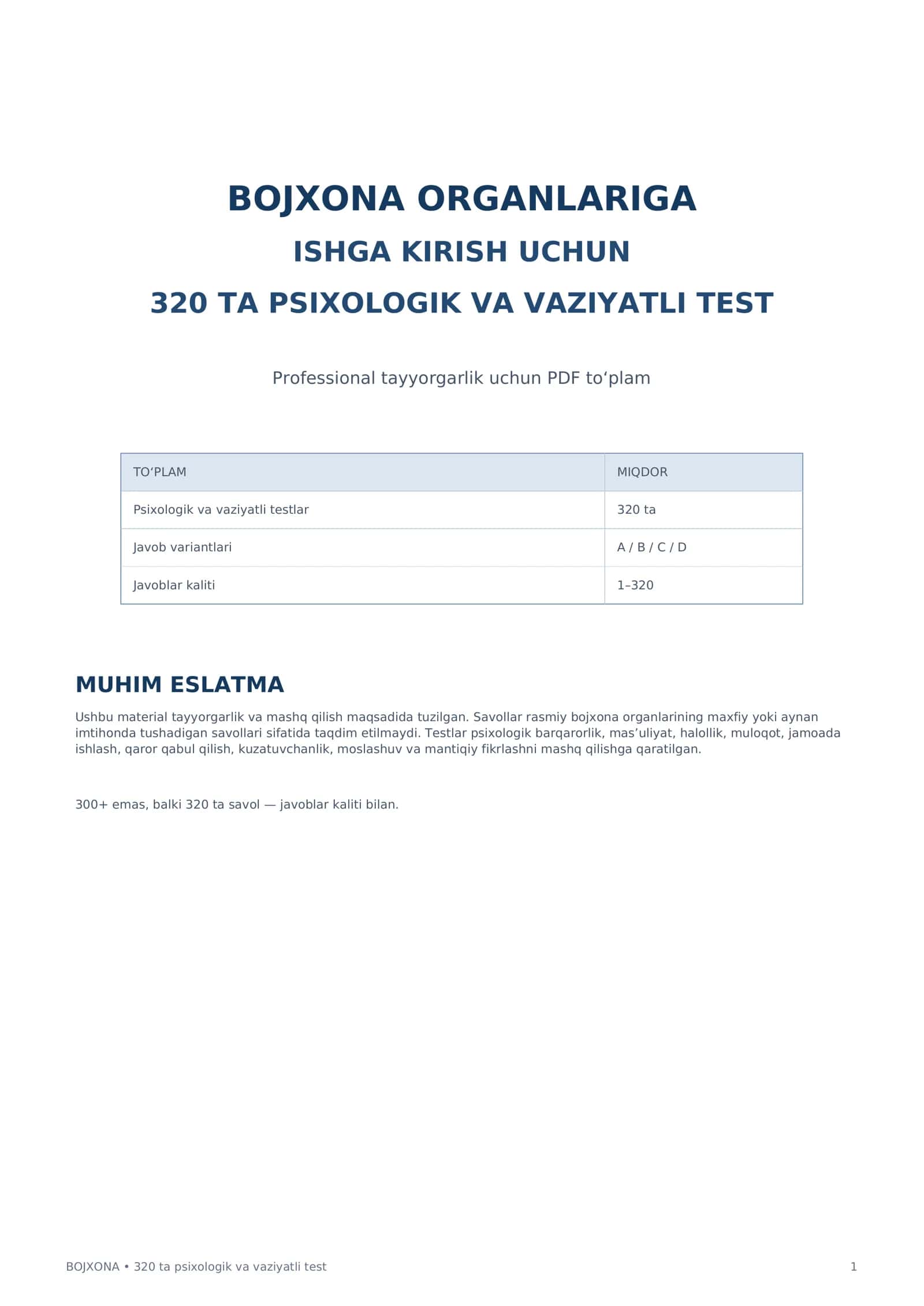 Bojxona Organlariga Ishga Kirish uchun 320 ta Psixologik Test | Javoblar Kaliti bilan PDF 1